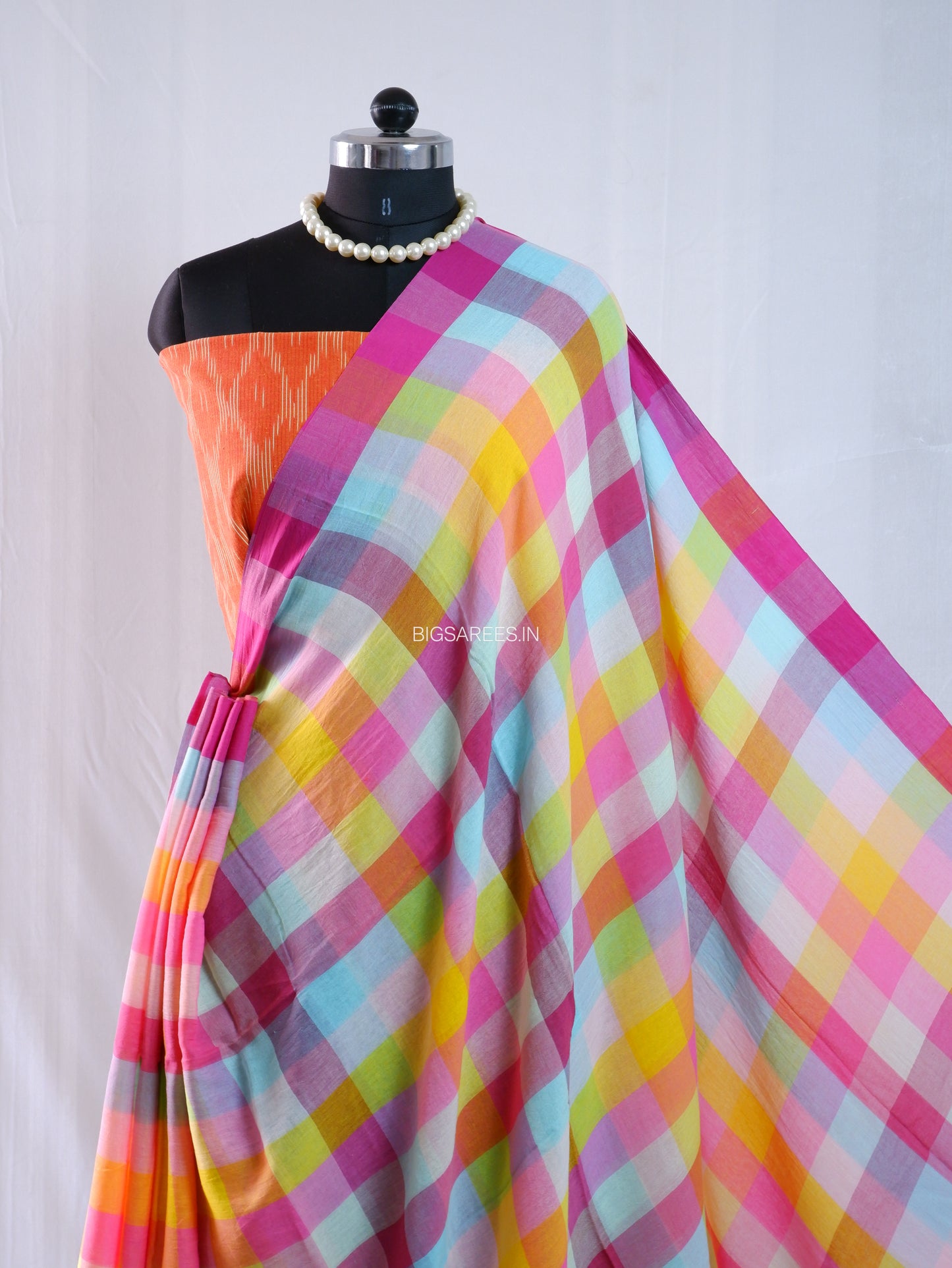 Checkered Mul Cotton Saree With Ikat Blouse | Ultra Lightweight |