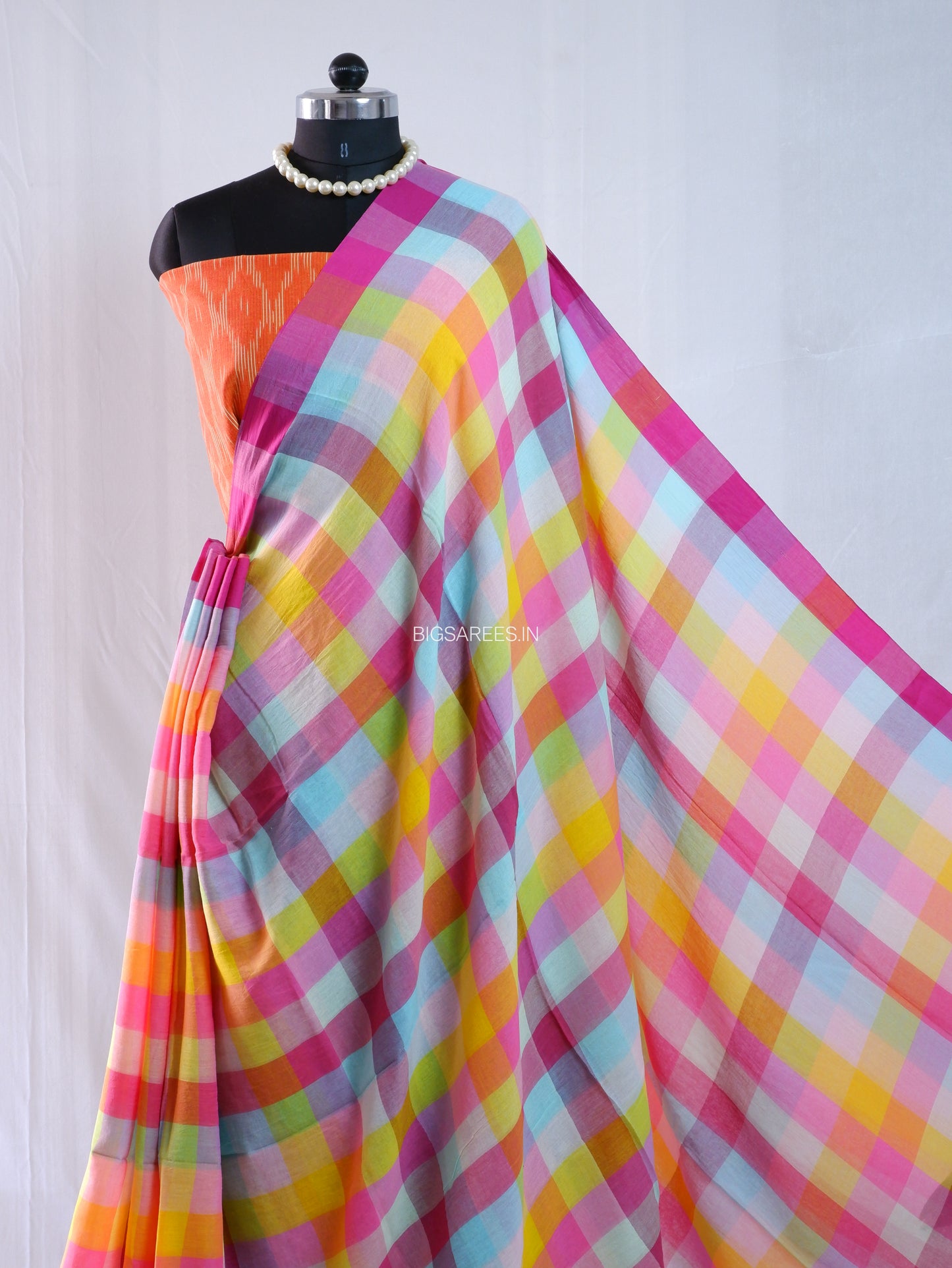 Checkered Mul Cotton Saree With Ikat Blouse | Ultra Lightweight |