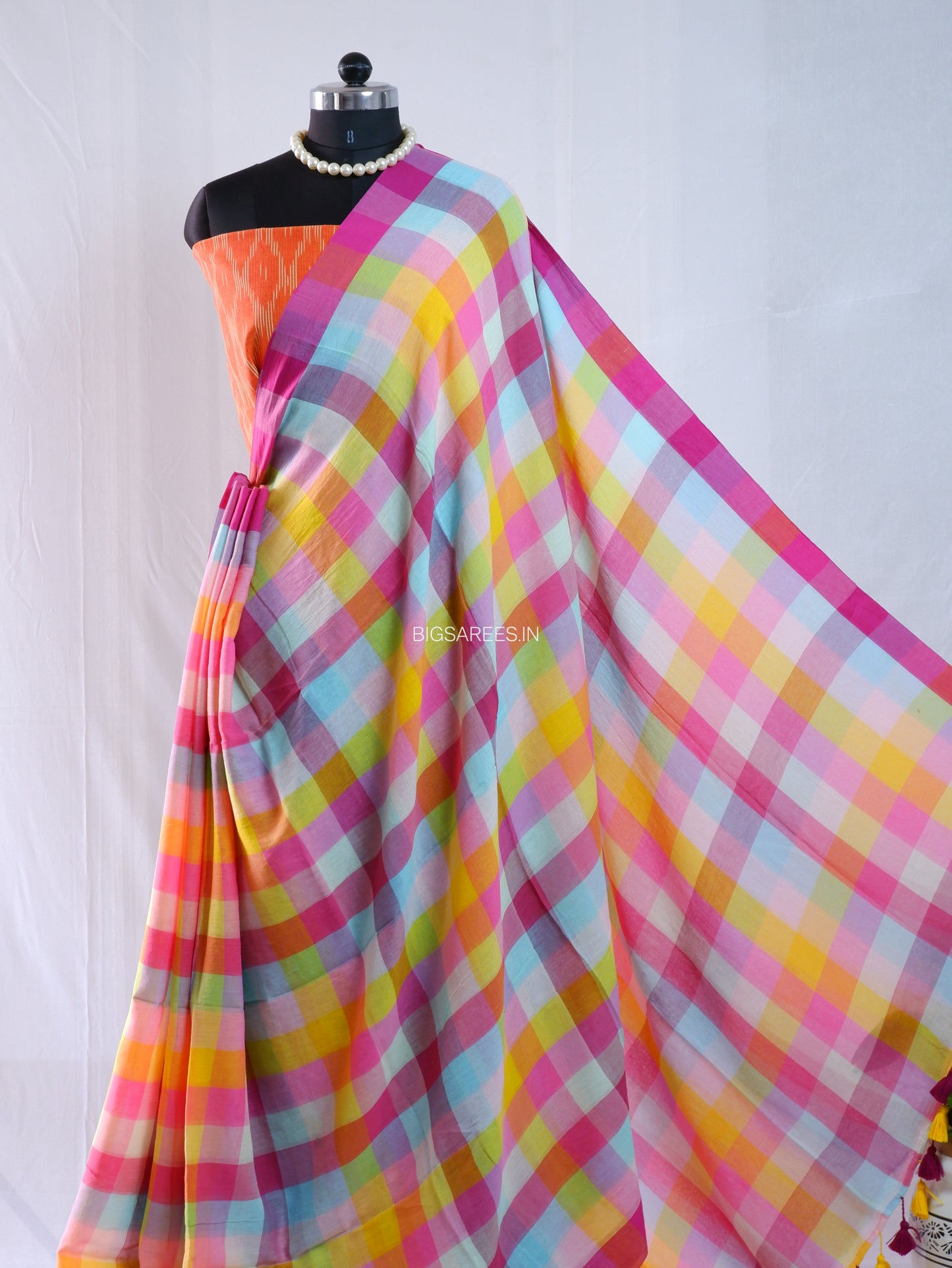 Checkered Mul Cotton Saree With Ikat Blouse | Ultra Lightweight |