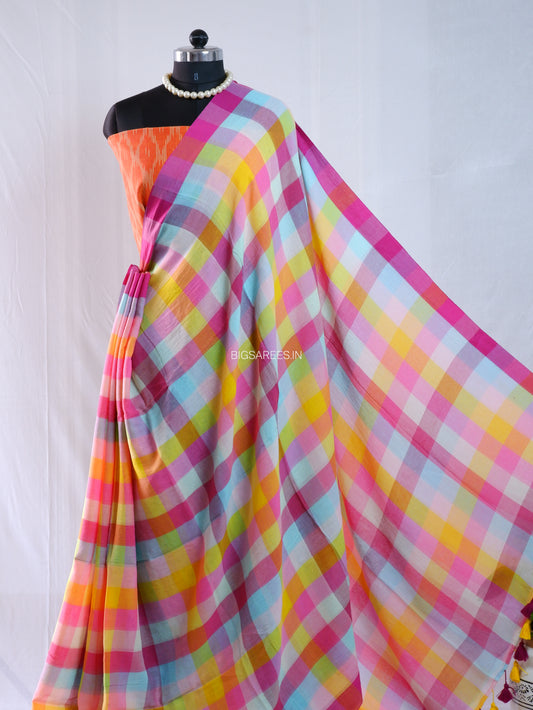 Checkered Mul Cotton Saree With Ikat Blouse | Ultra Lightweight |