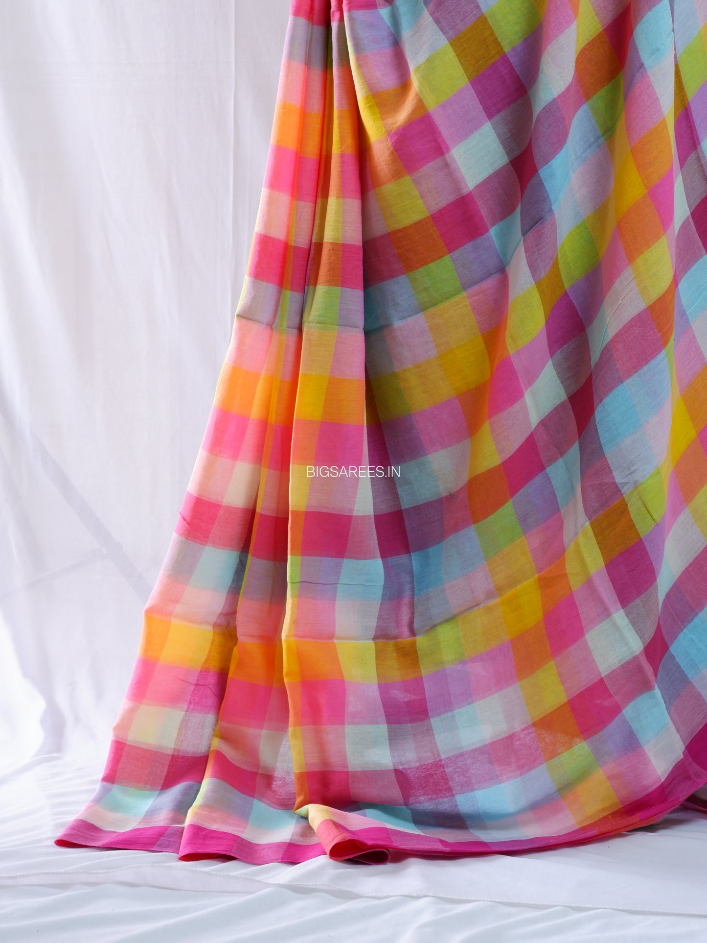Checkered Mul Cotton Saree With Ikat Blouse | Ultra Lightweight |