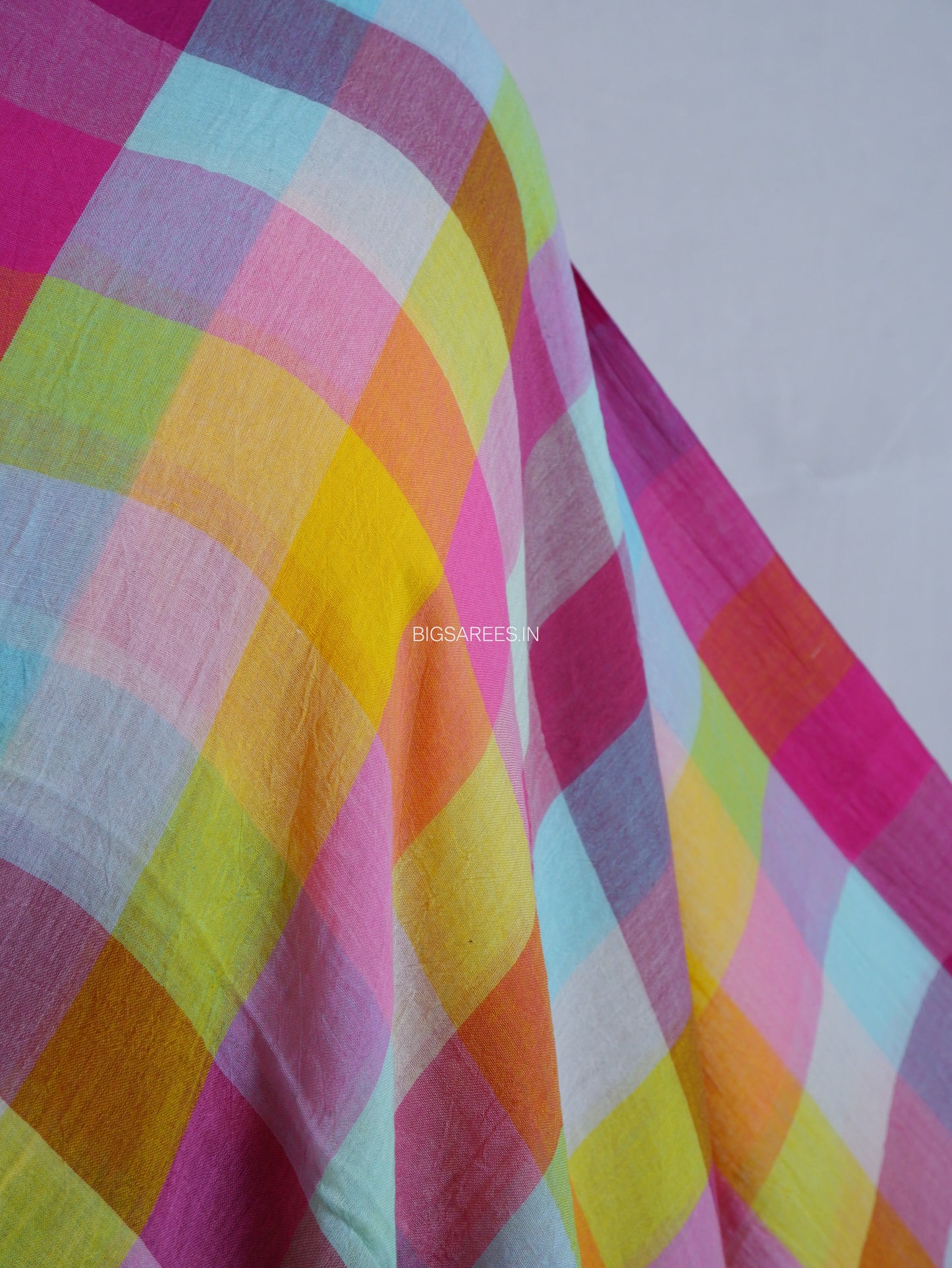 Checkered Mul Cotton Saree With Ikat Blouse | Ultra Lightweight |