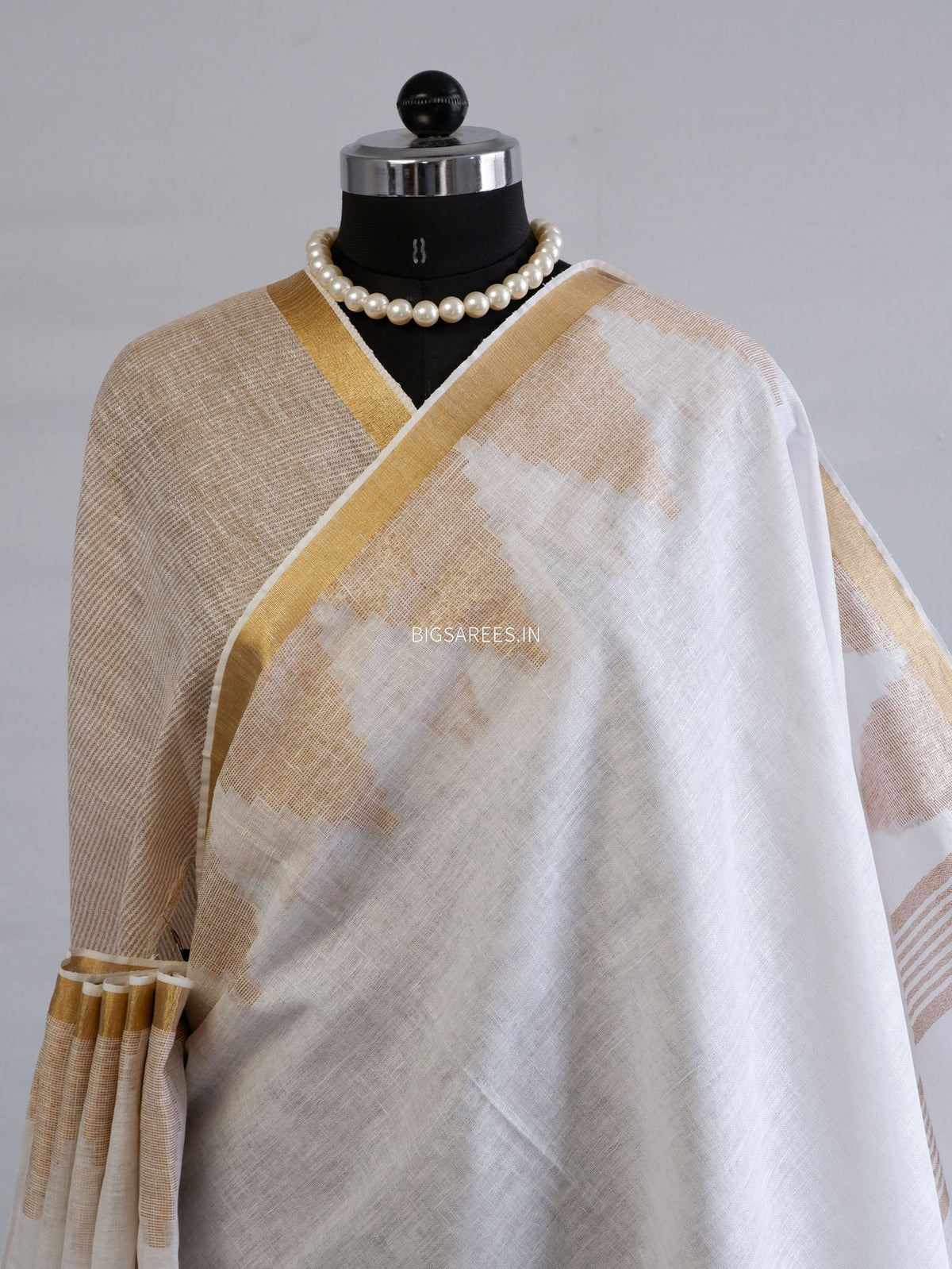 D Linen Saree with Blouse | White