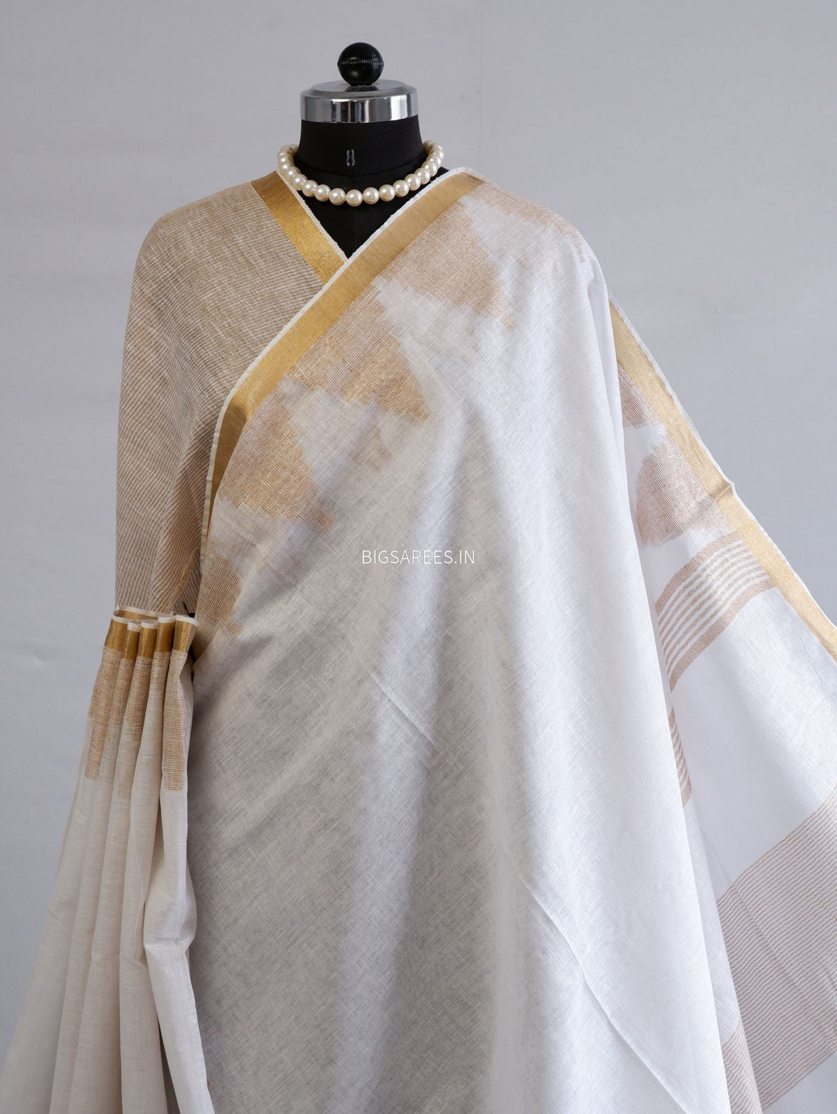 D Linen Saree with Blouse | White