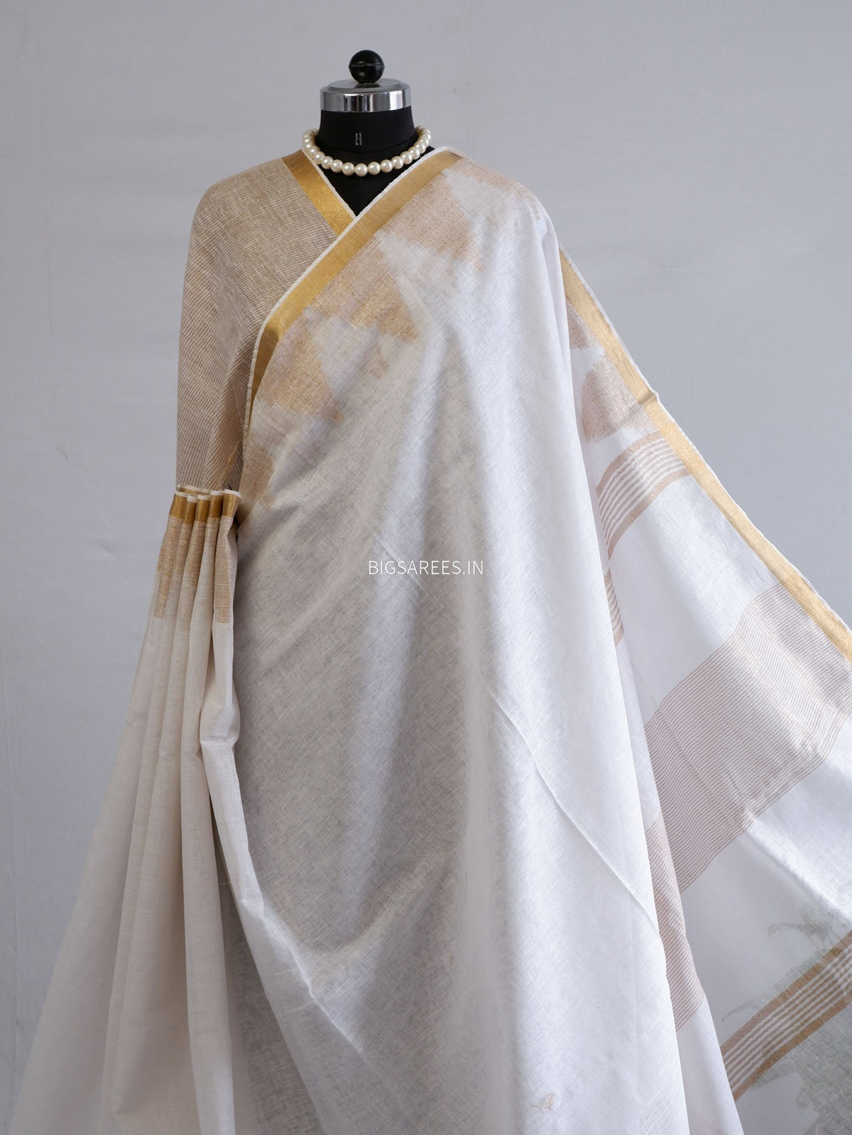 D Linen Saree with Blouse | White