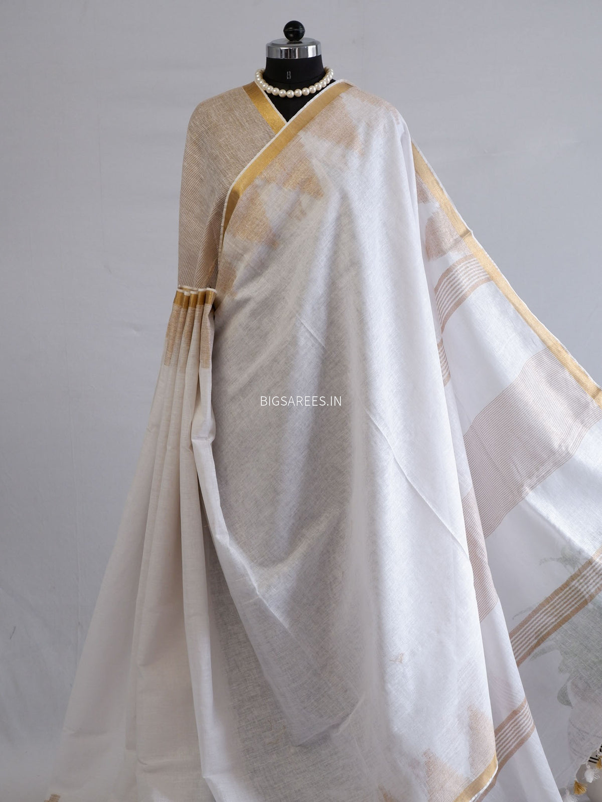 D Linen Saree with Blouse | White