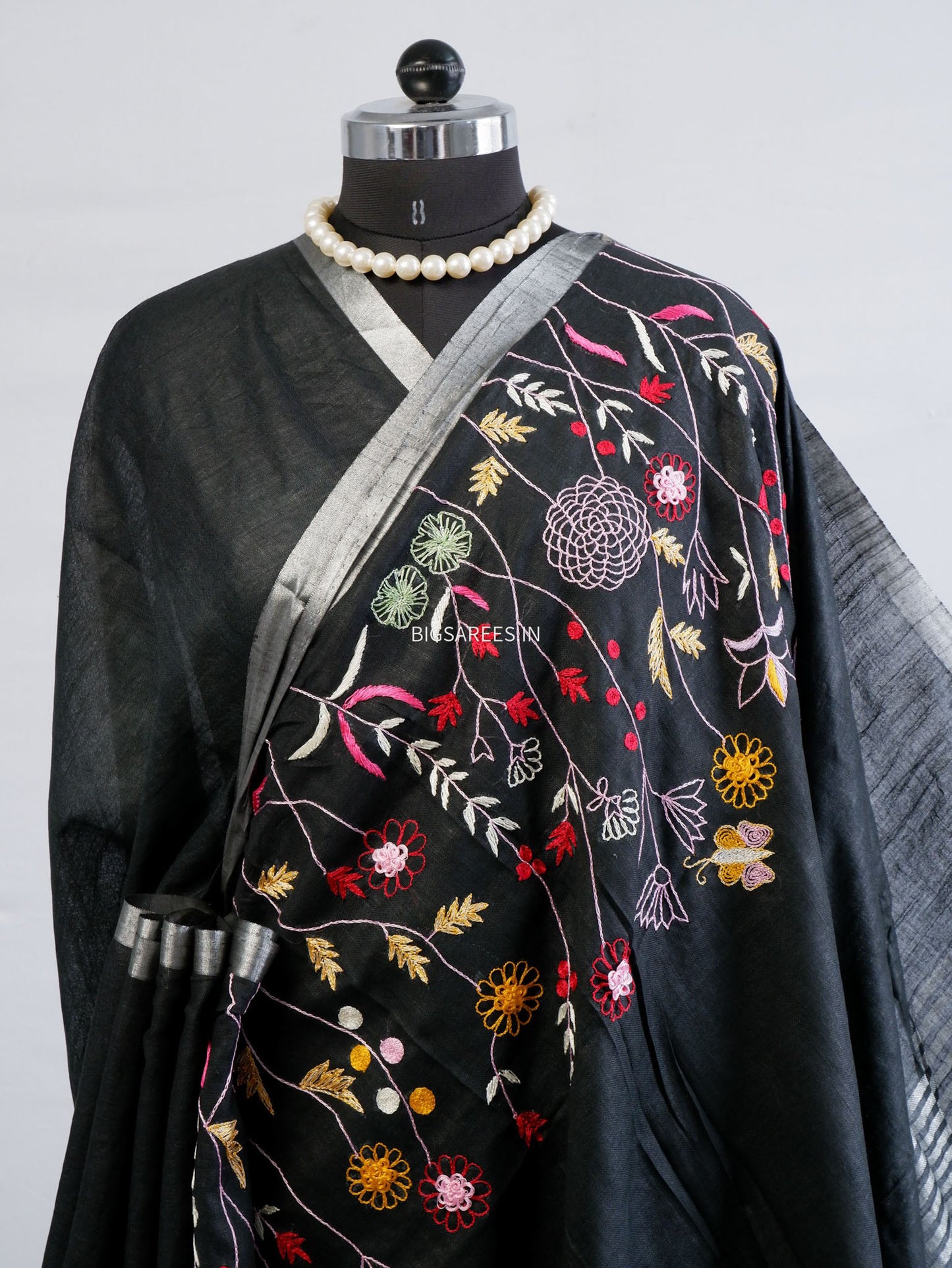 Hand-Embroidered Linen Saree | Cotton Linen | Black