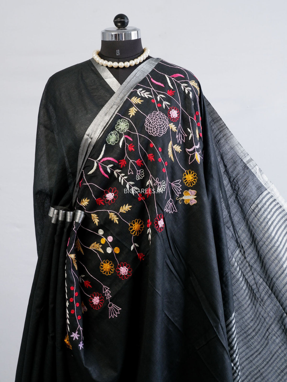Hand-Embroidered Linen Saree | Cotton Linen | Black