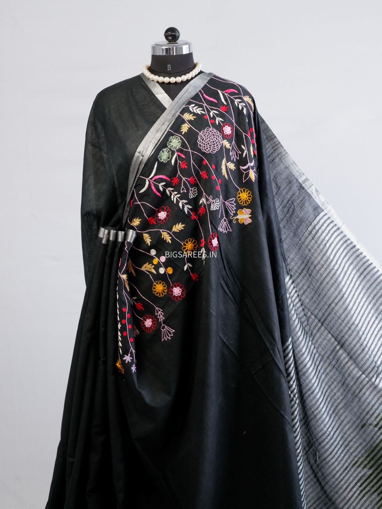 Hand-Embroidered Linen Saree | Cotton Linen | Black