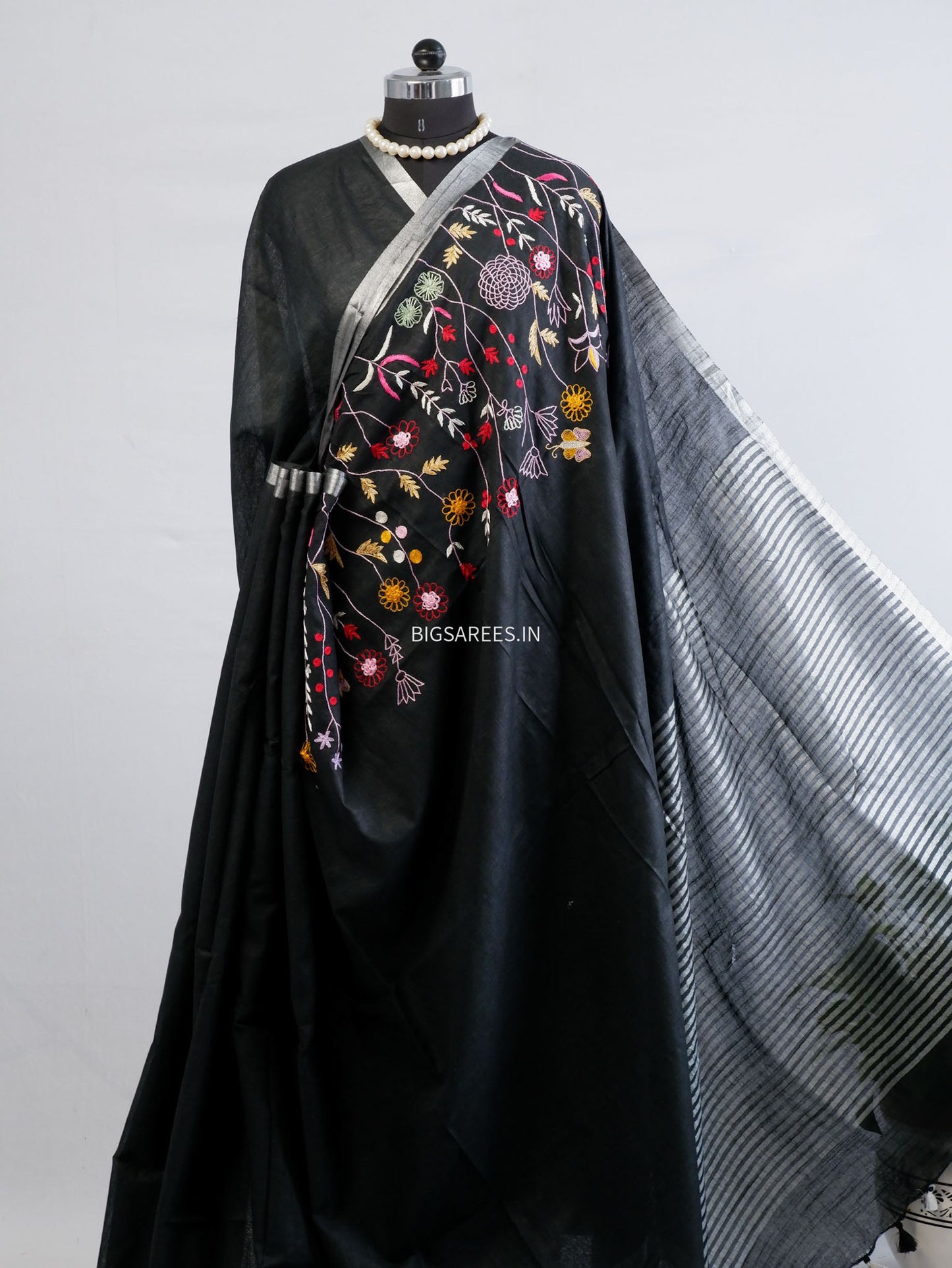 Hand-Embroidered Linen Saree | Cotton Linen | Black