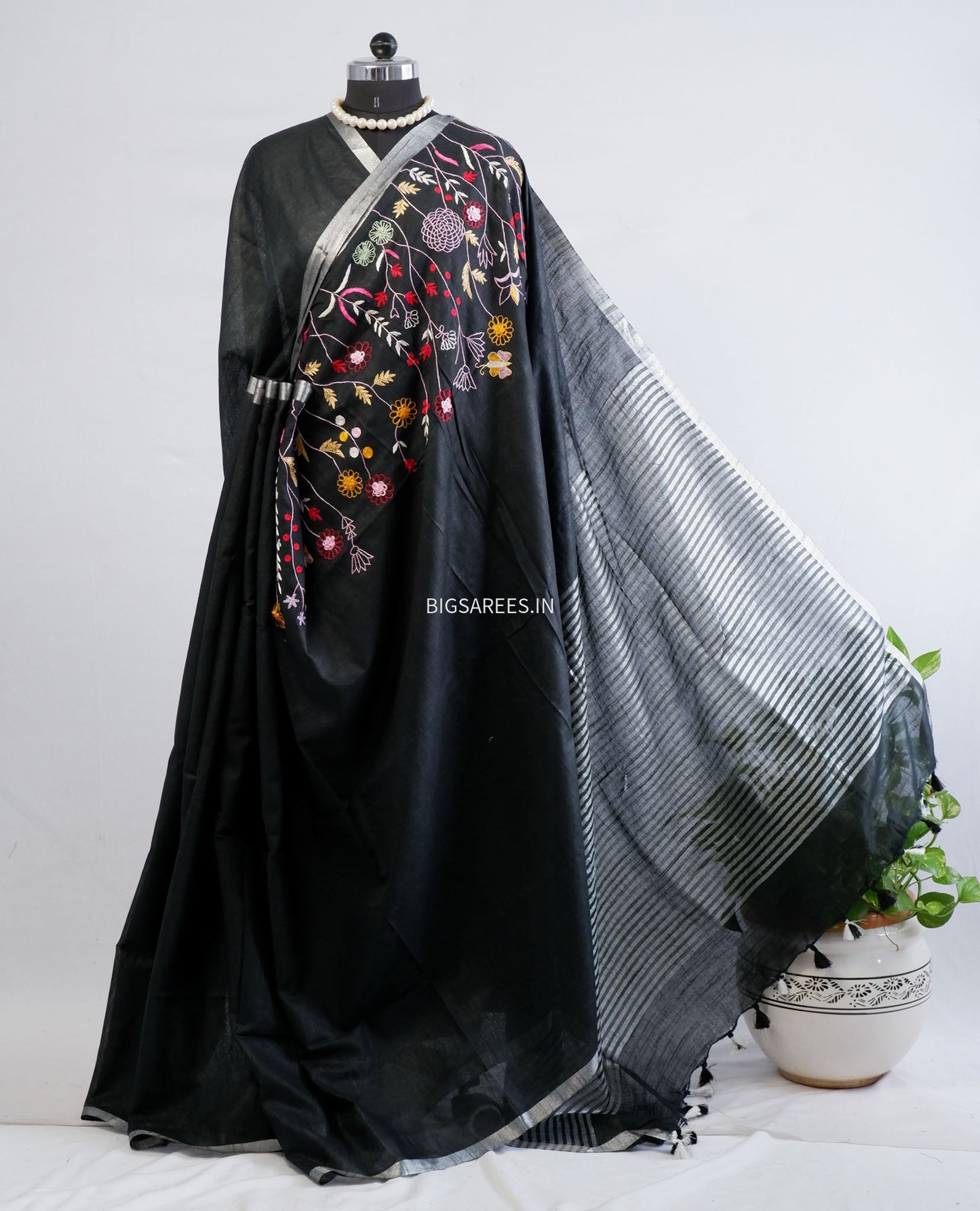Hand-Embroidered Linen Saree | Cotton Linen | Black