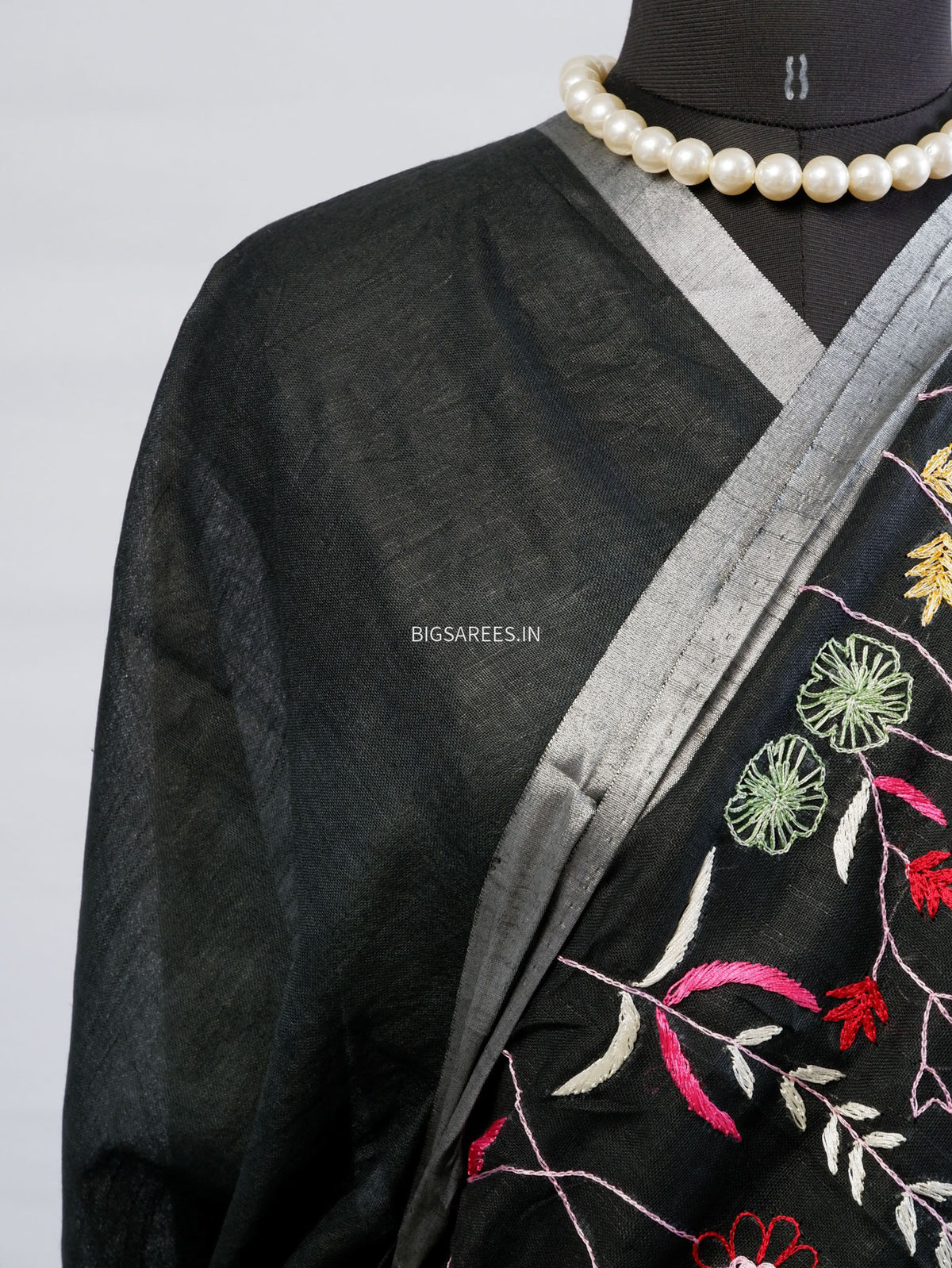 Hand-Embroidered Linen Saree | Cotton Linen | Black