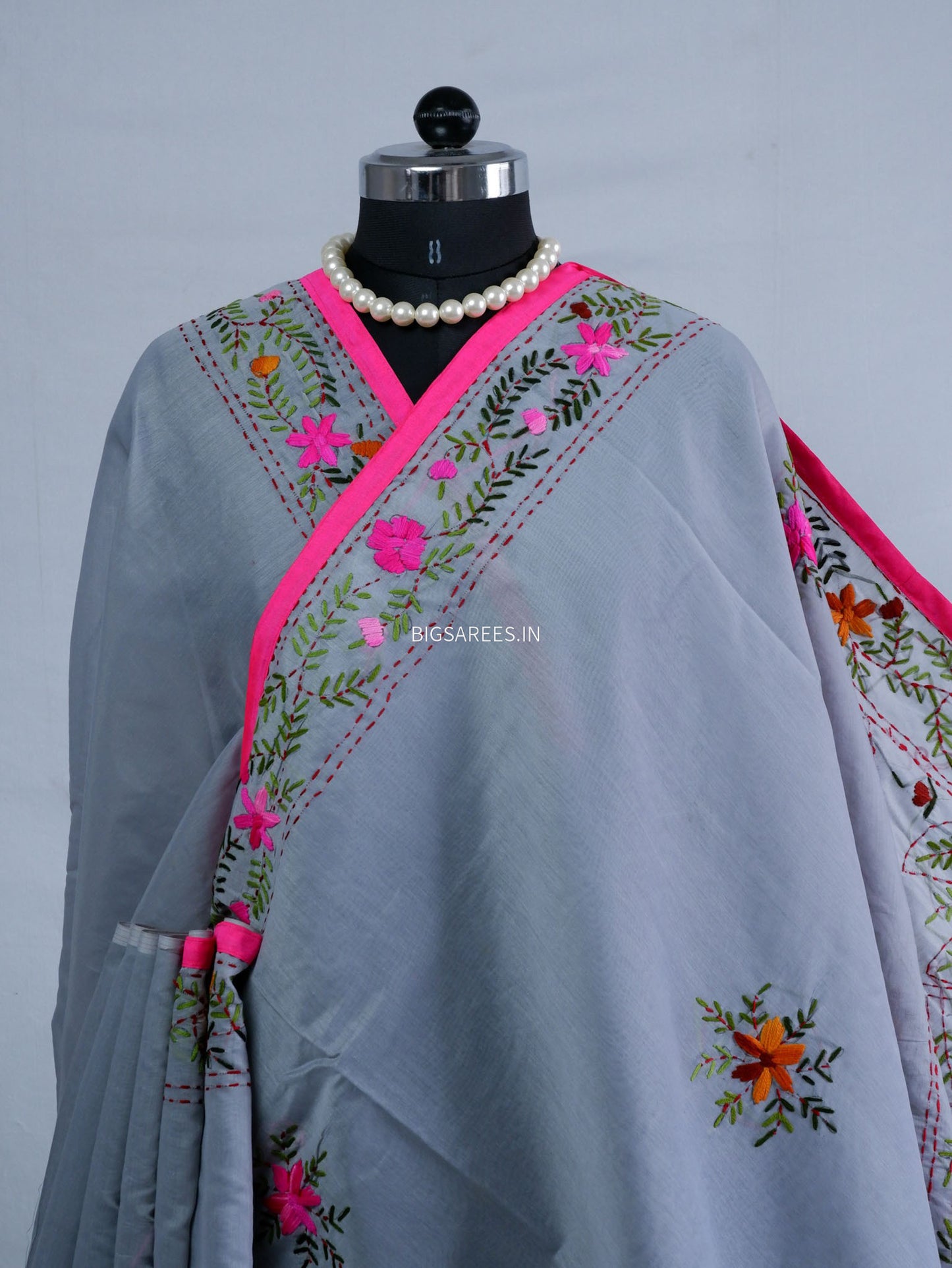 Phulkari Hand-Embroidered Saree | Chanderi Silk | Grey
