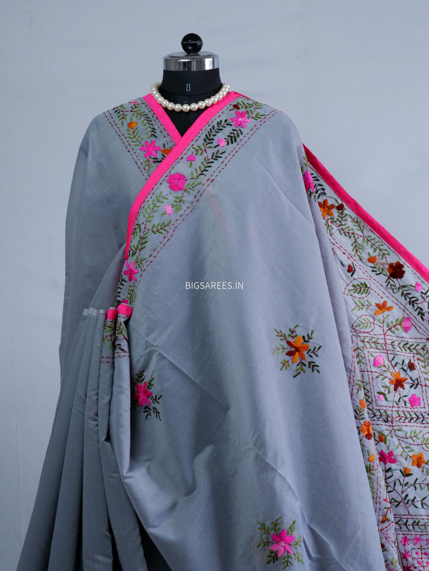 Phulkari Hand-Embroidered Saree | Chanderi Silk | Grey