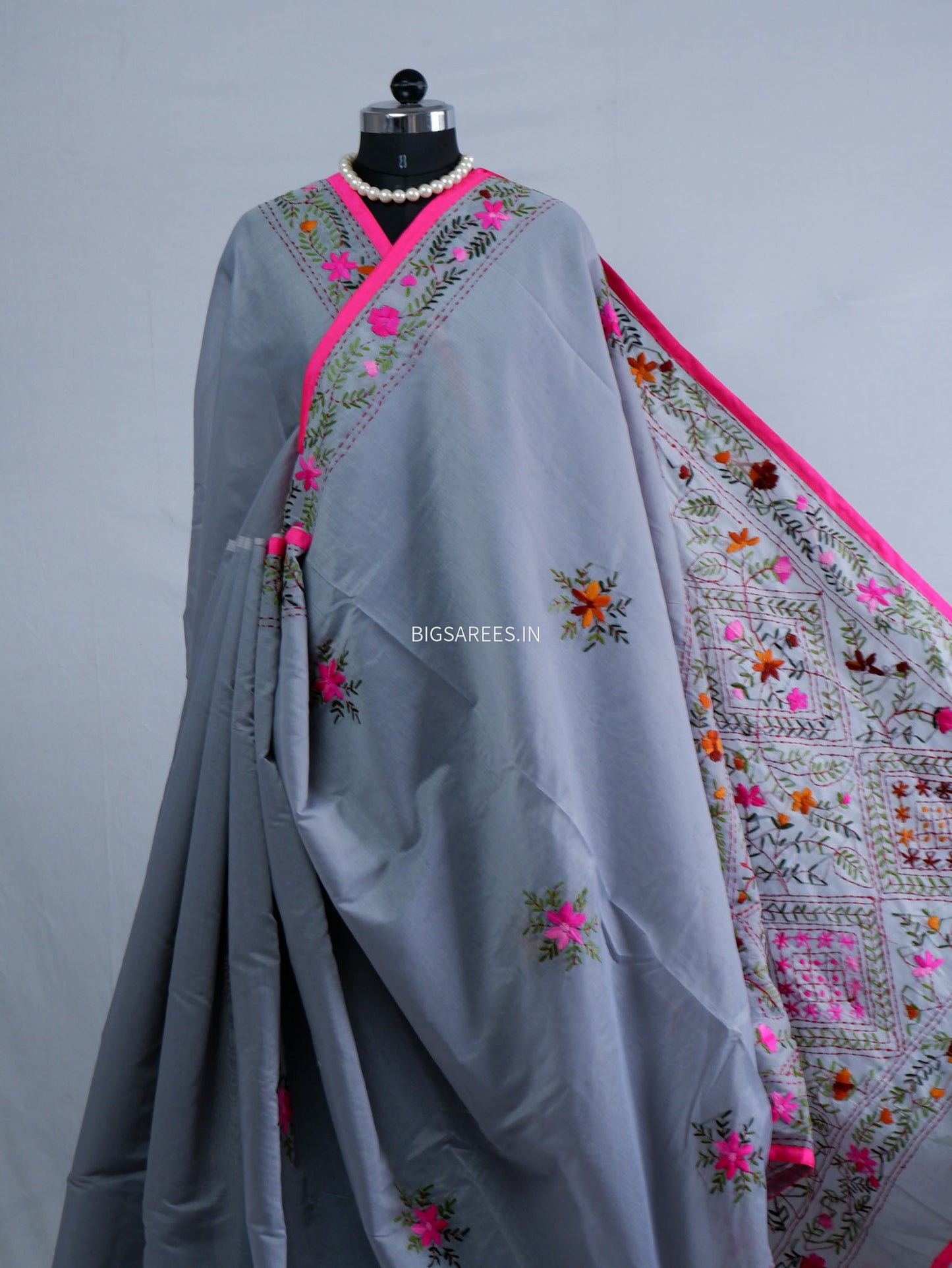 Phulkari Hand-Embroidered Saree | Chanderi Silk | Grey