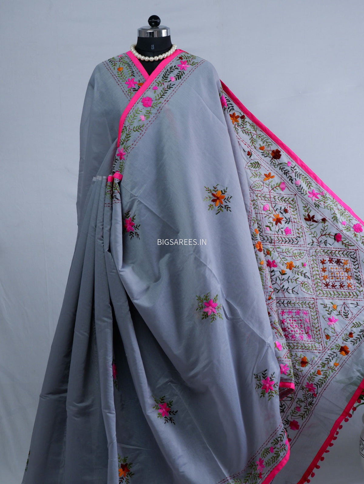 Phulkari Hand-Embroidered Saree | Chanderi Silk | Grey