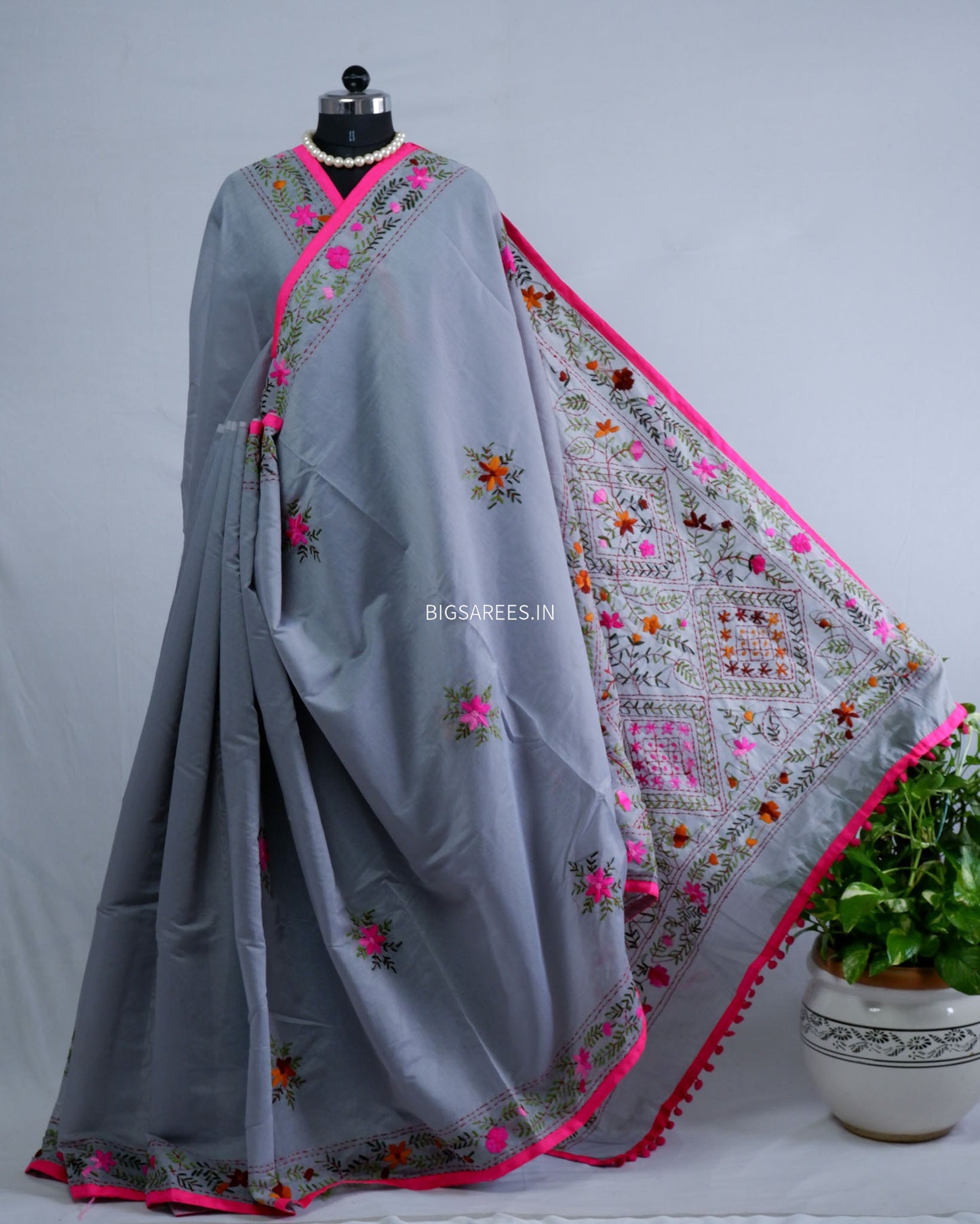 Phulkari Hand-Embroidered Saree | Chanderi Silk | Grey