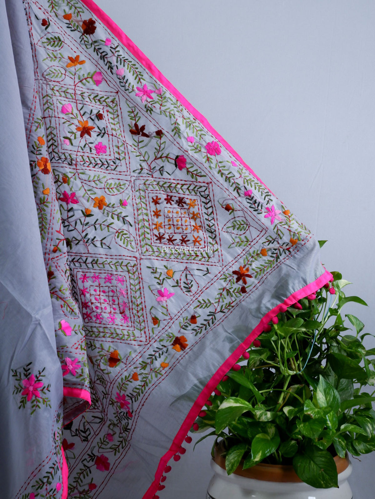 Phulkari Hand-Embroidered Saree | Chanderi Silk | Grey