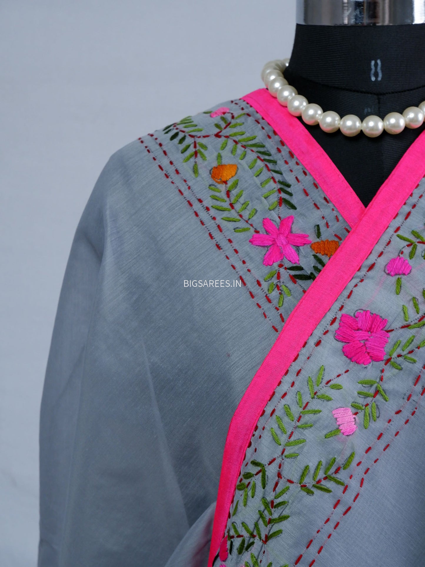 Phulkari Hand-Embroidered Saree | Chanderi Silk | Grey