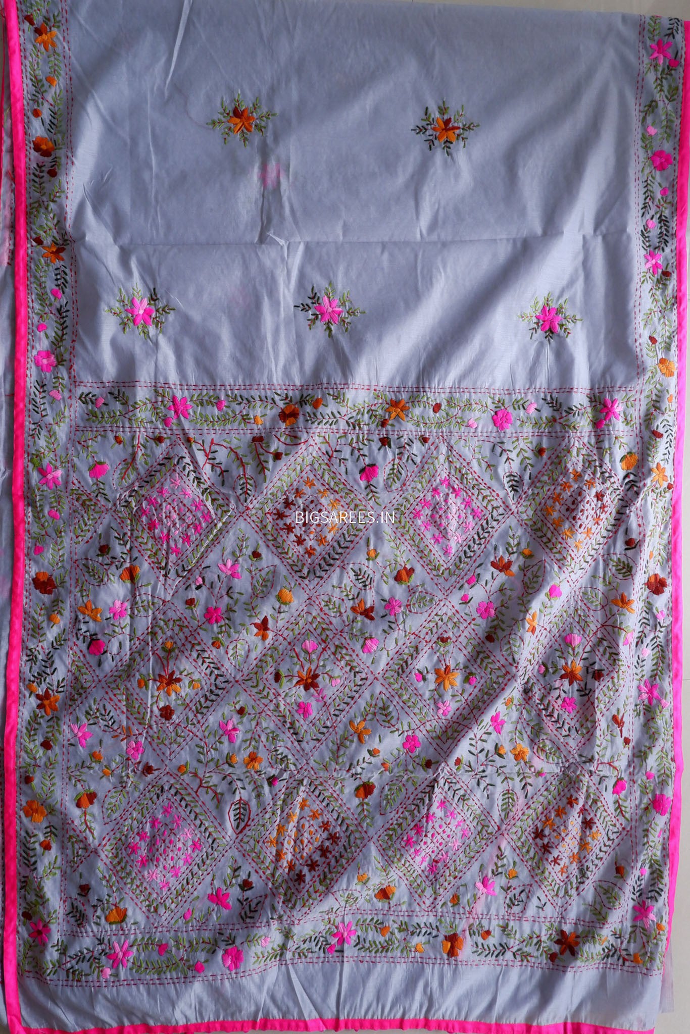 Phulkari Hand-Embroidered Saree | Chanderi Silk | Grey