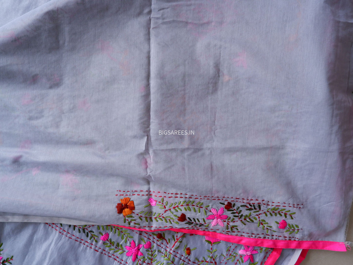 Phulkari Hand-Embroidered Saree | Chanderi Silk | Grey