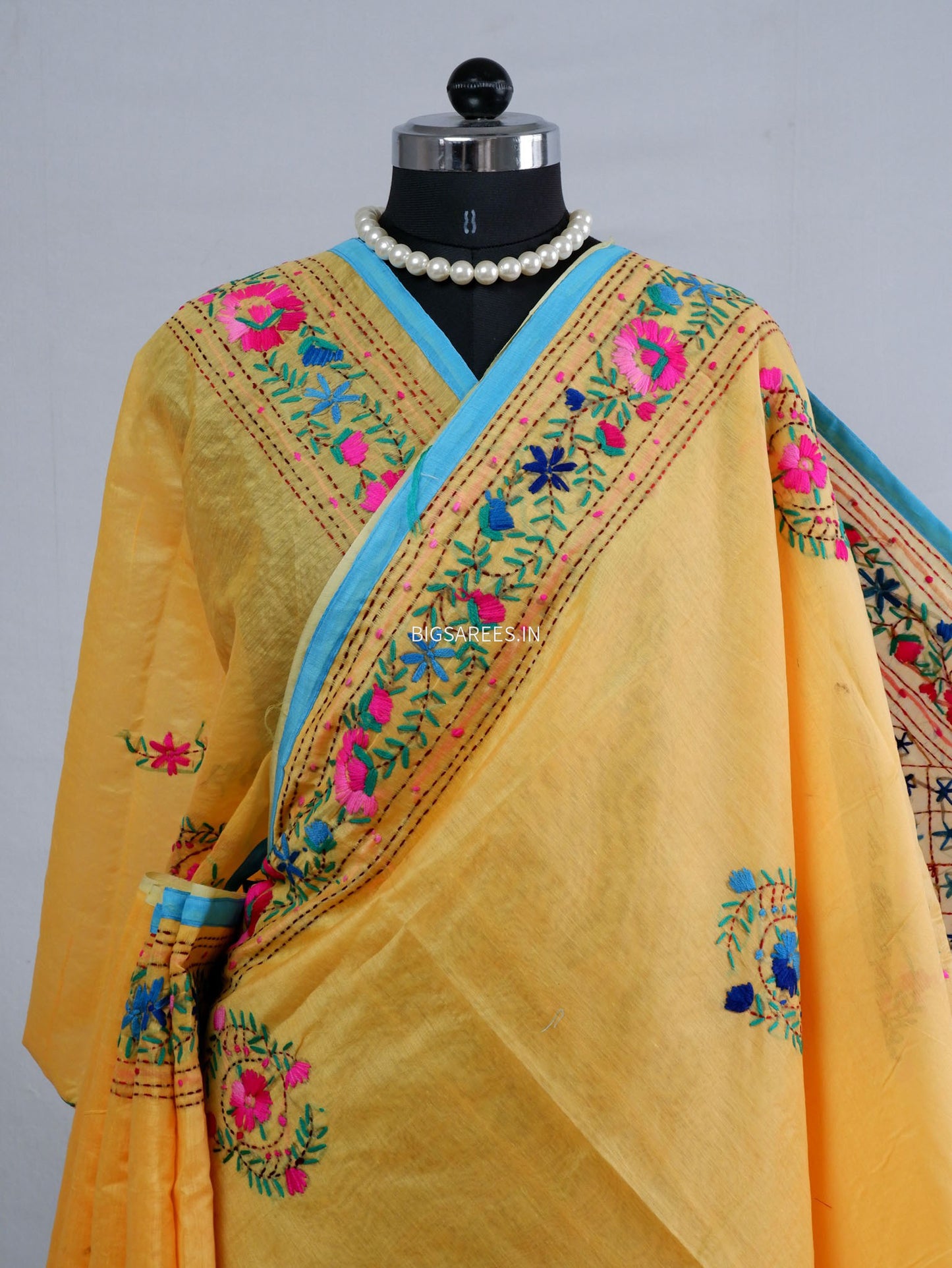 Phulkari Hand-Embroidered Saree | Chanderi Silk | Yellow
