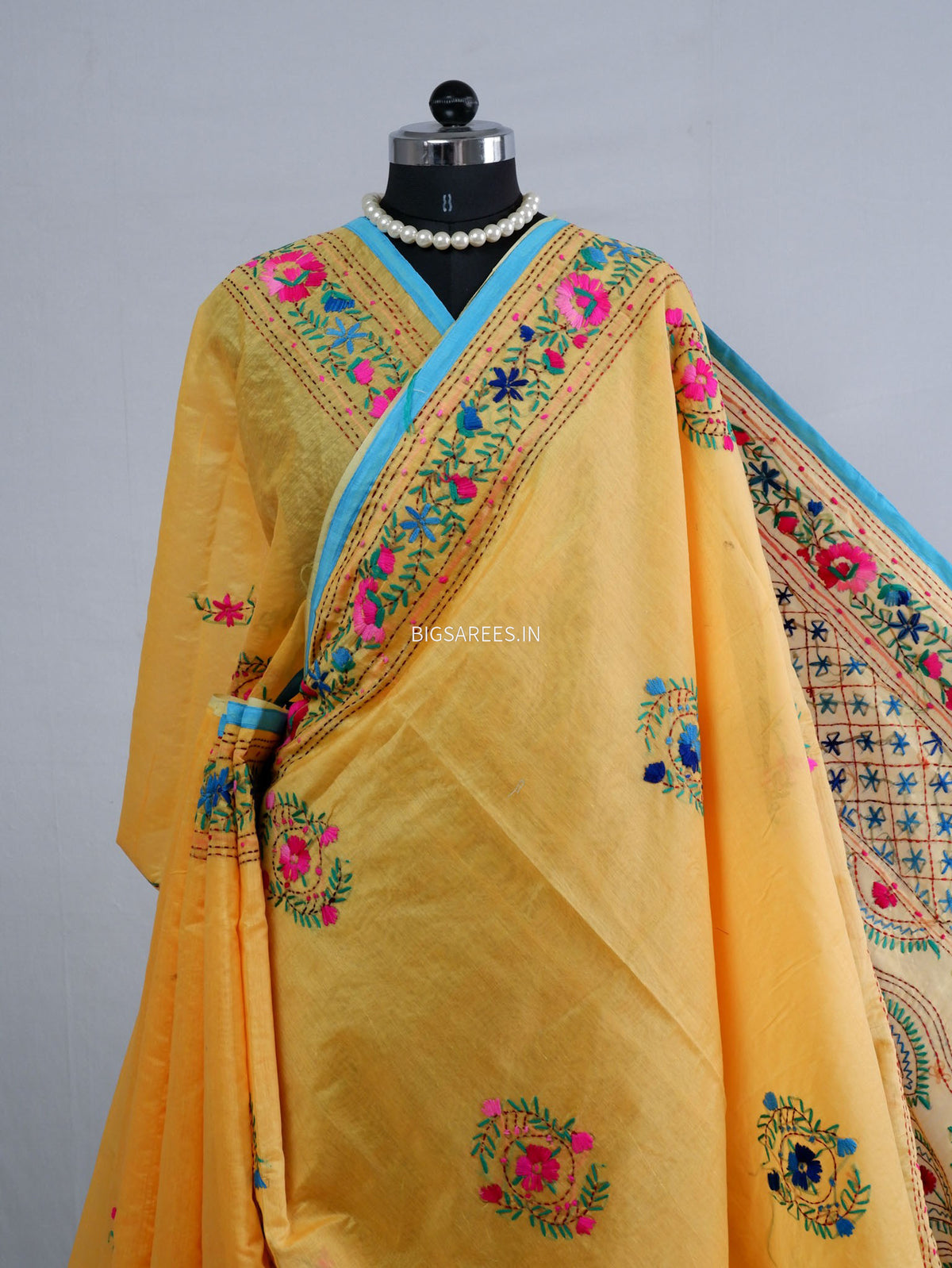 Phulkari Hand-Embroidered Saree | Chanderi Silk | Yellow