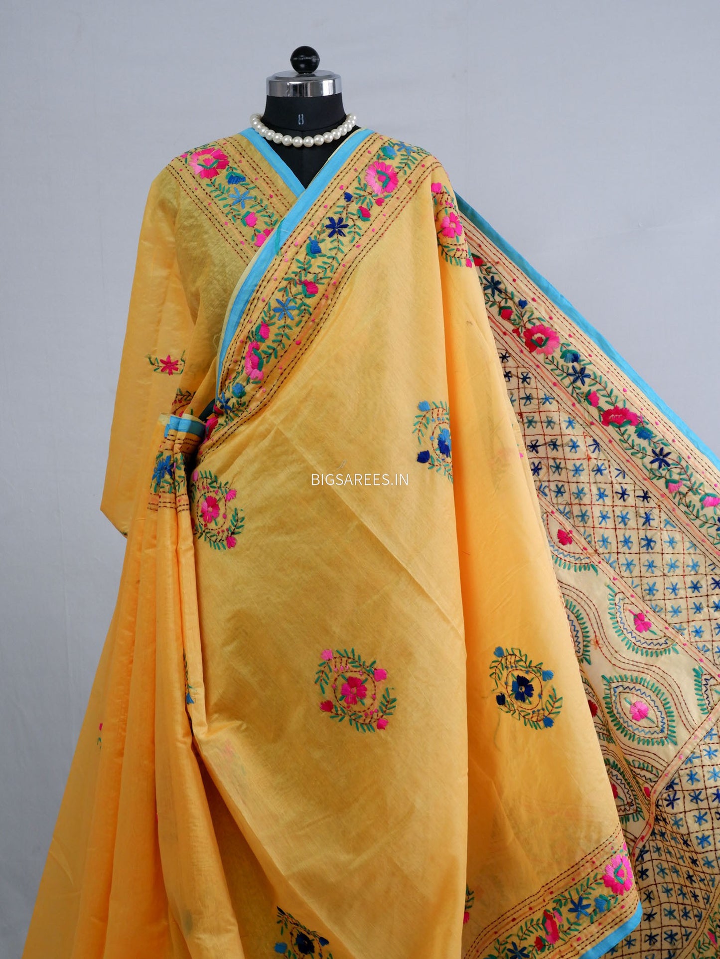 Phulkari Hand-Embroidered Saree | Chanderi Silk | Yellow