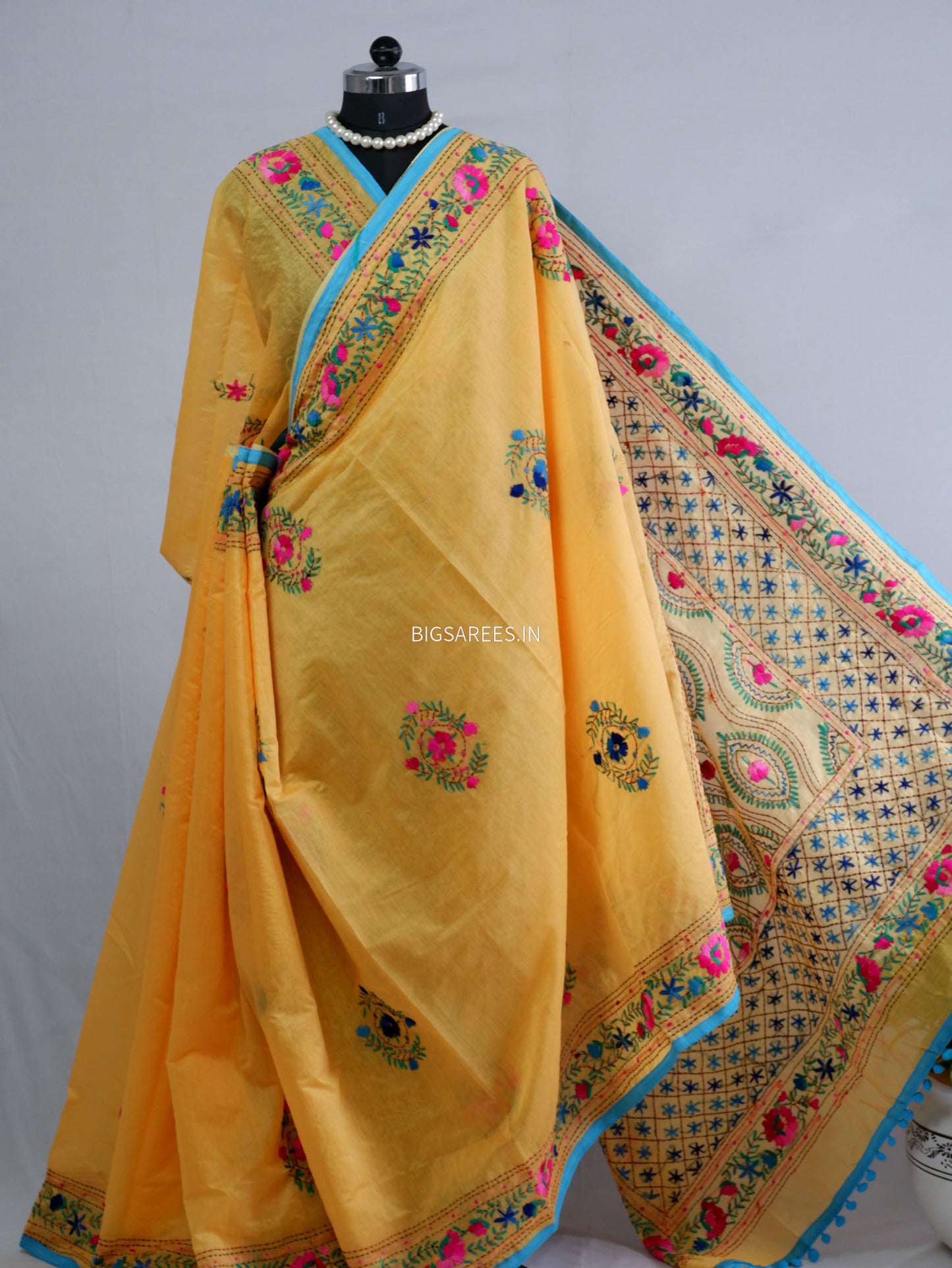 Phulkari Hand-Embroidered Saree | Chanderi Silk | Yellow