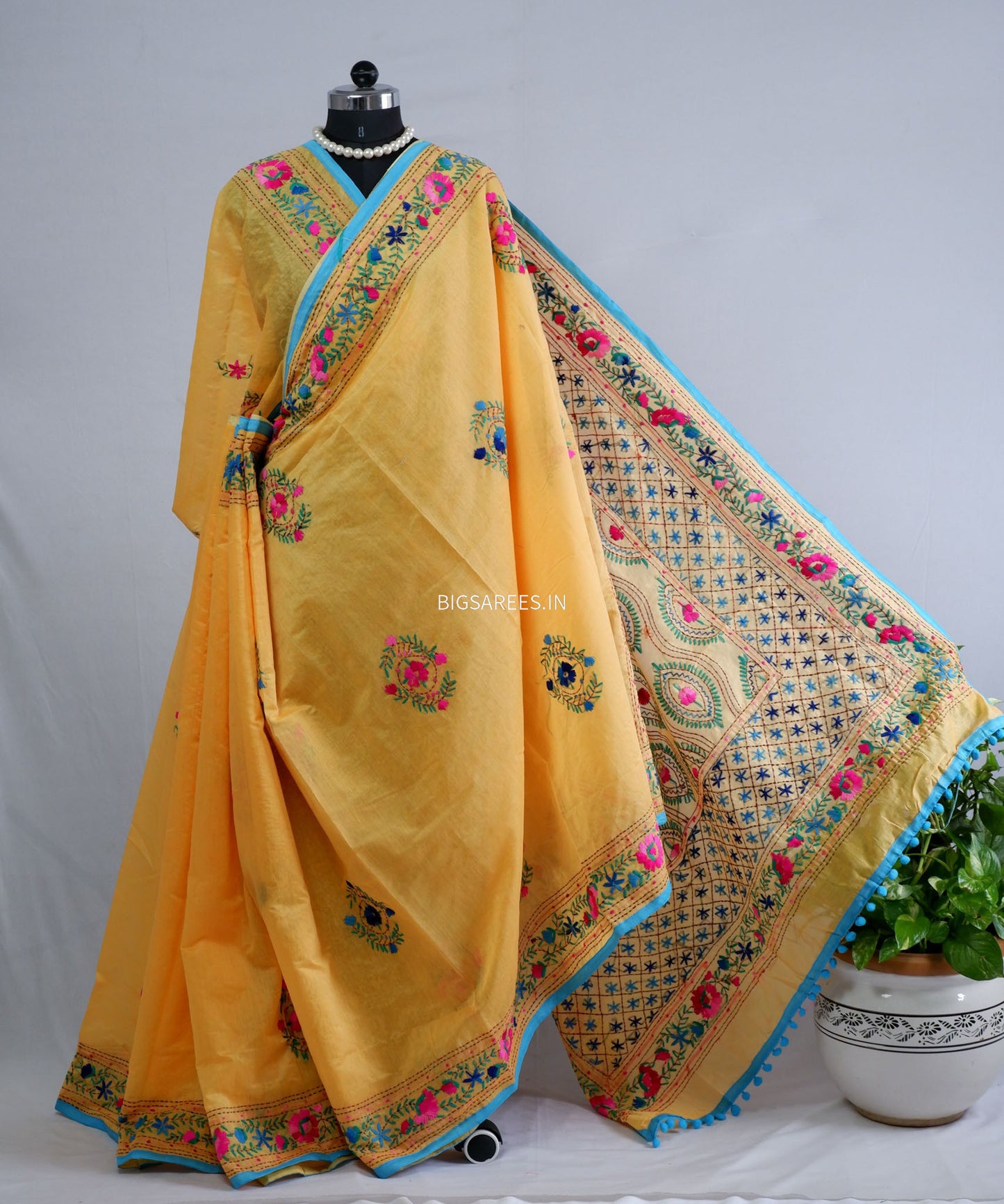 Phulkari Hand-Embroidered Saree | Chanderi Silk | Yellow
