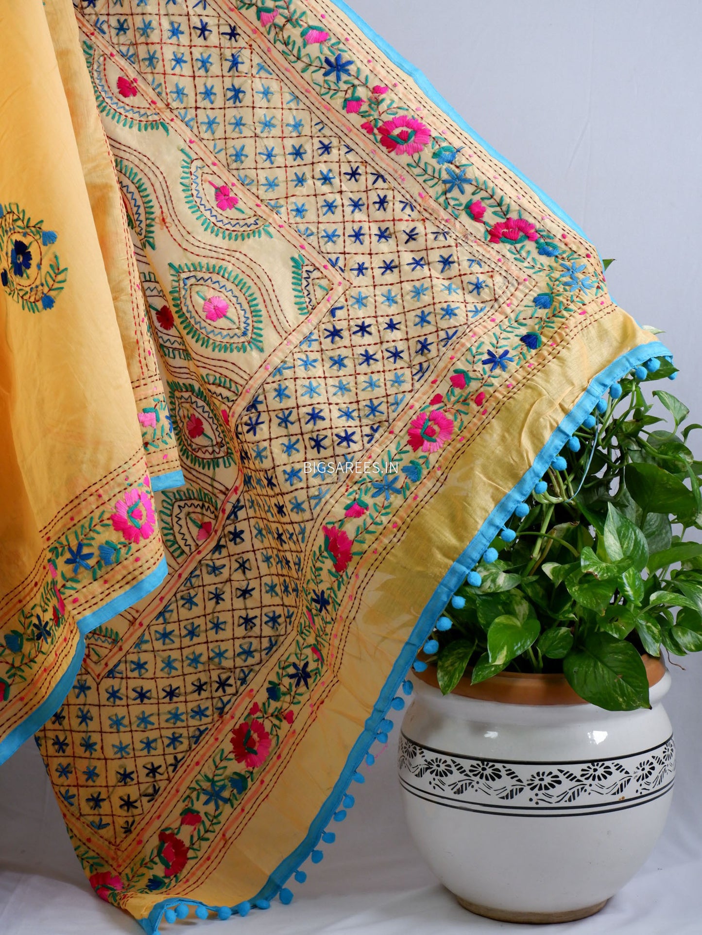 Phulkari Hand-Embroidered Saree | Chanderi Silk | Yellow