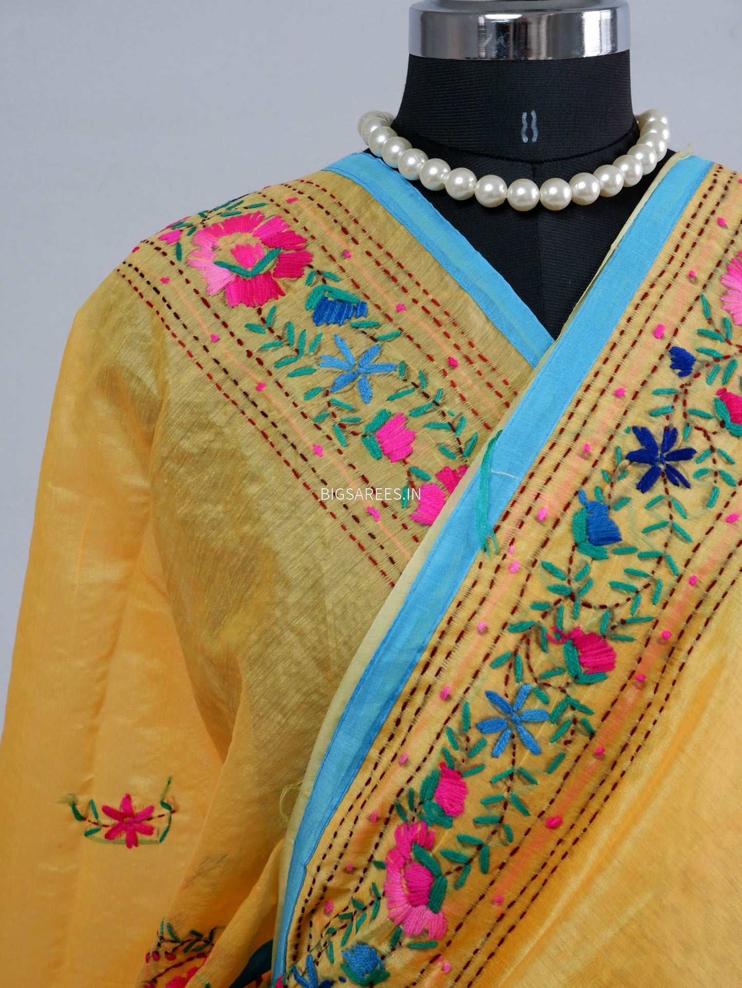 Phulkari Hand-Embroidered Saree | Chanderi Silk | Yellow