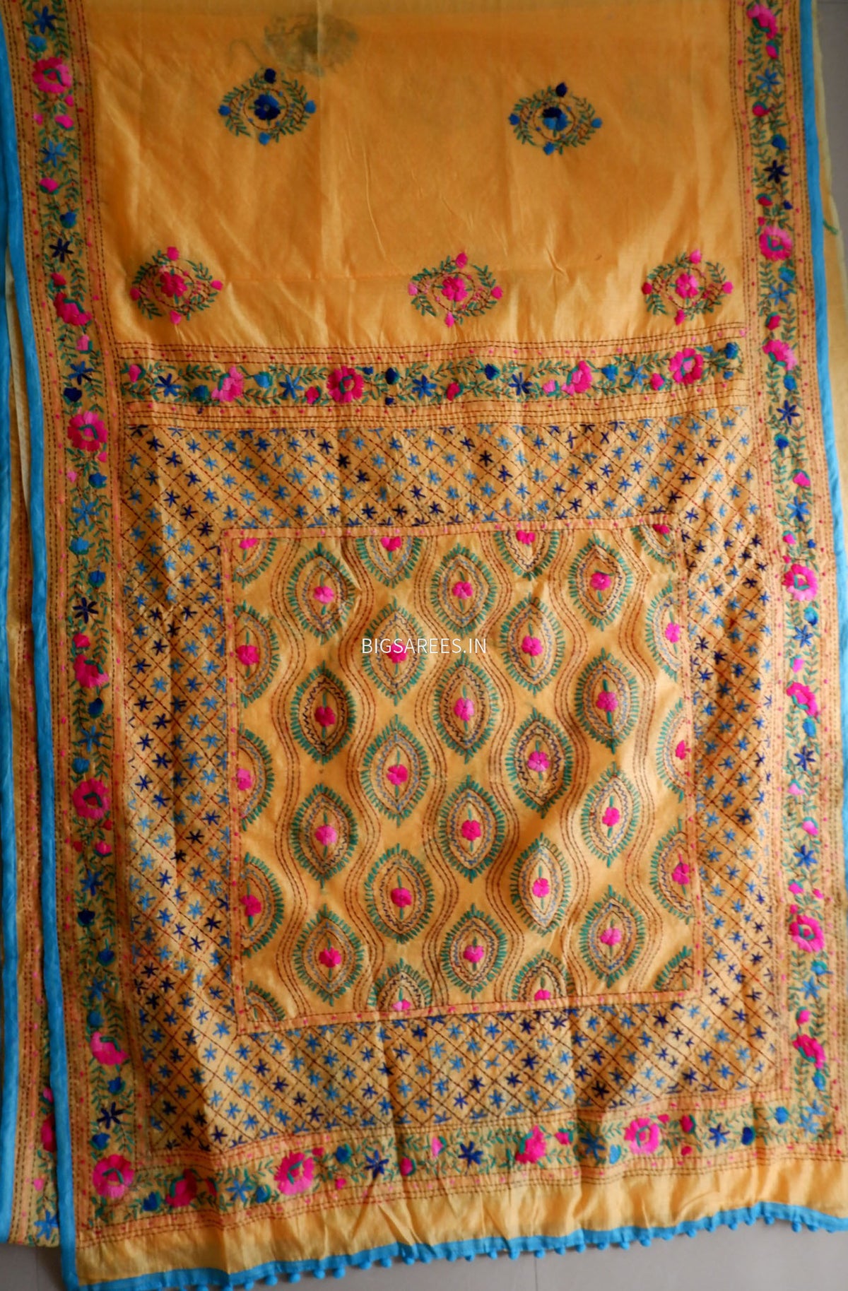 Phulkari Hand-Embroidered Saree | Chanderi Silk | Yellow