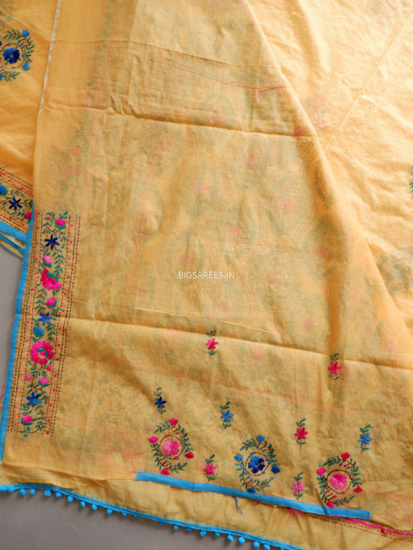 Phulkari Hand-Embroidered Saree | Chanderi Silk | Yellow