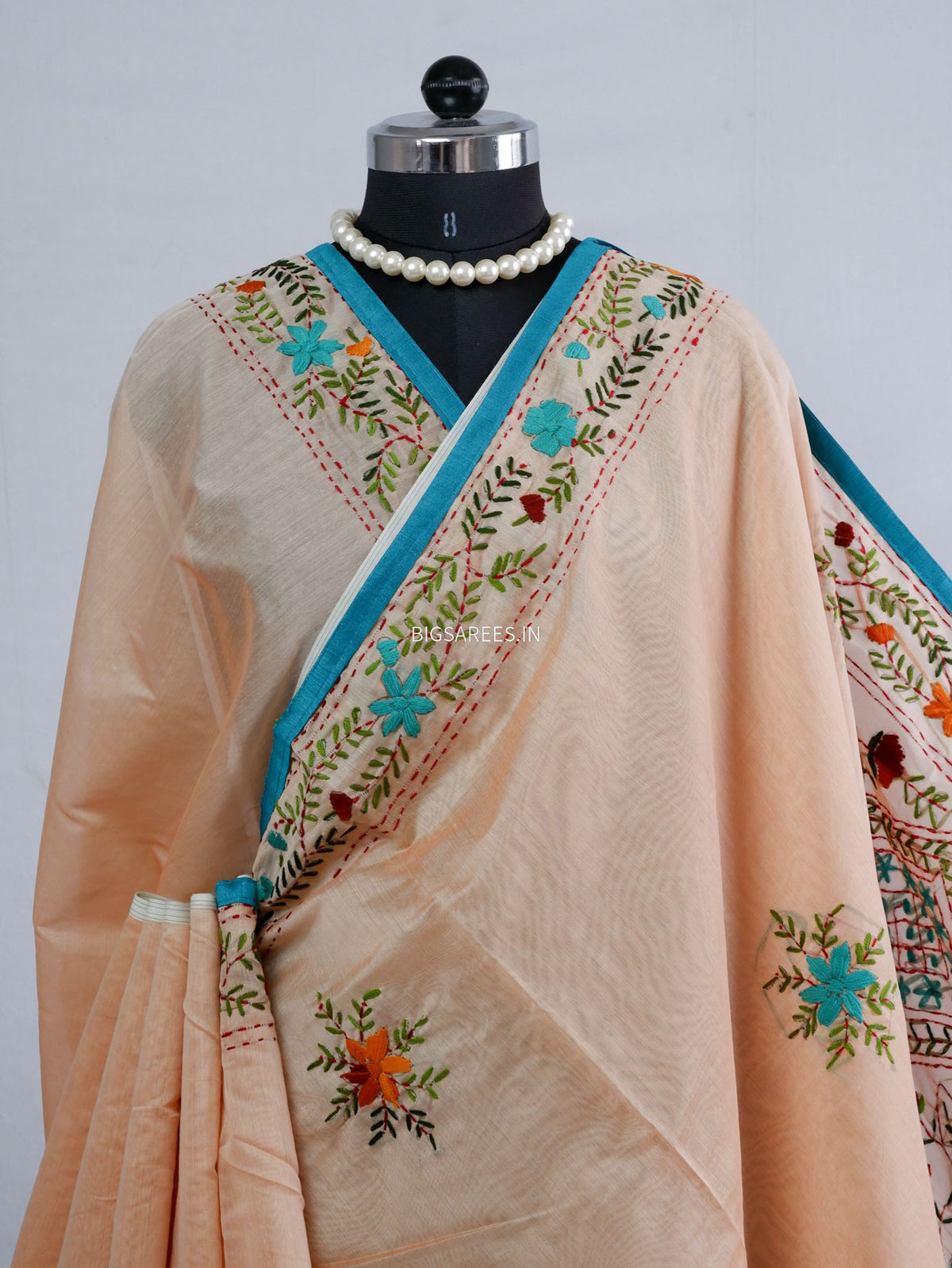 Phulkari Hand-Embroidered Saree | Chanderi Silk | Pastel Pink