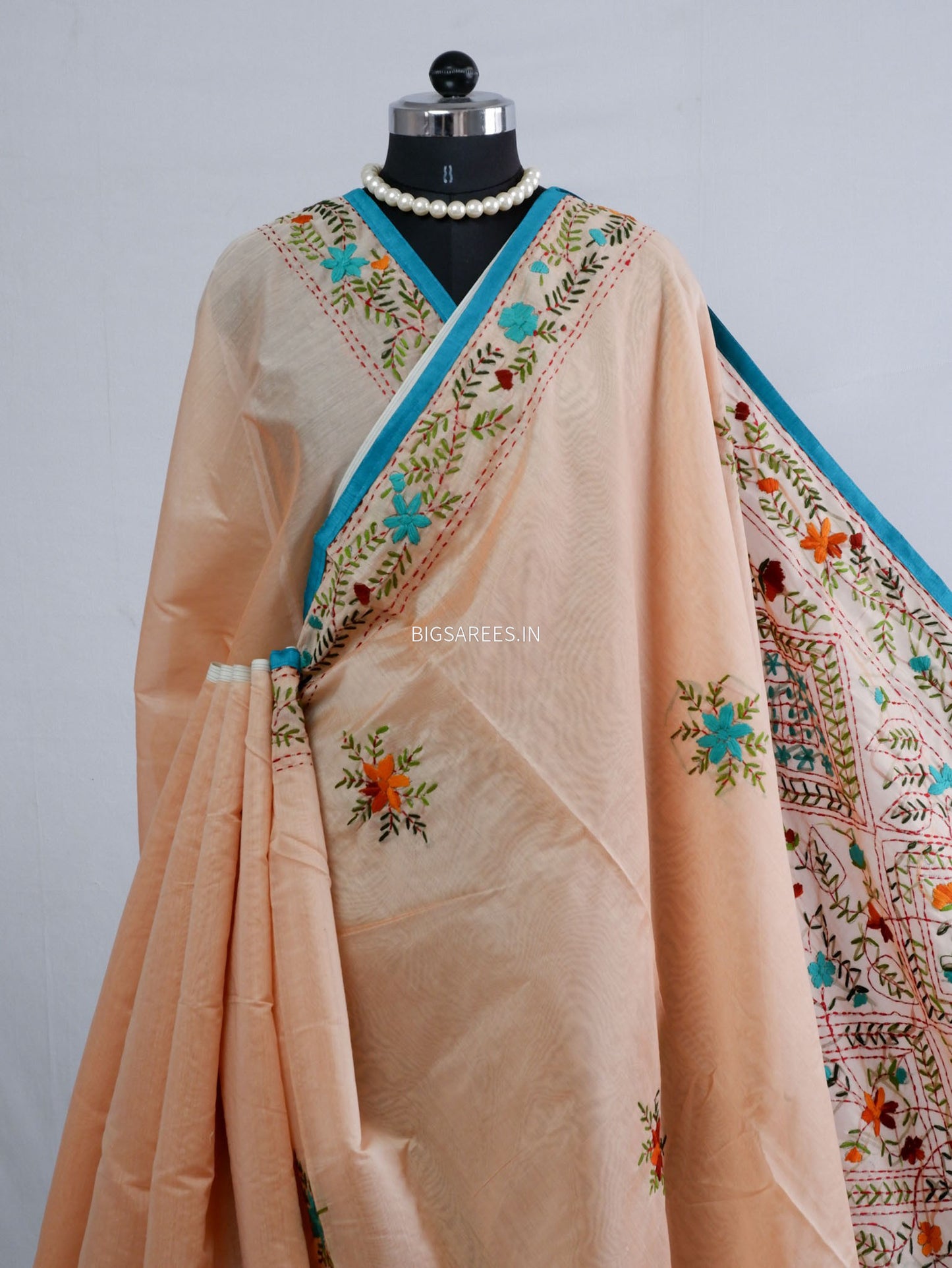Phulkari Hand-Embroidered Saree | Chanderi Silk | Pastel Pink