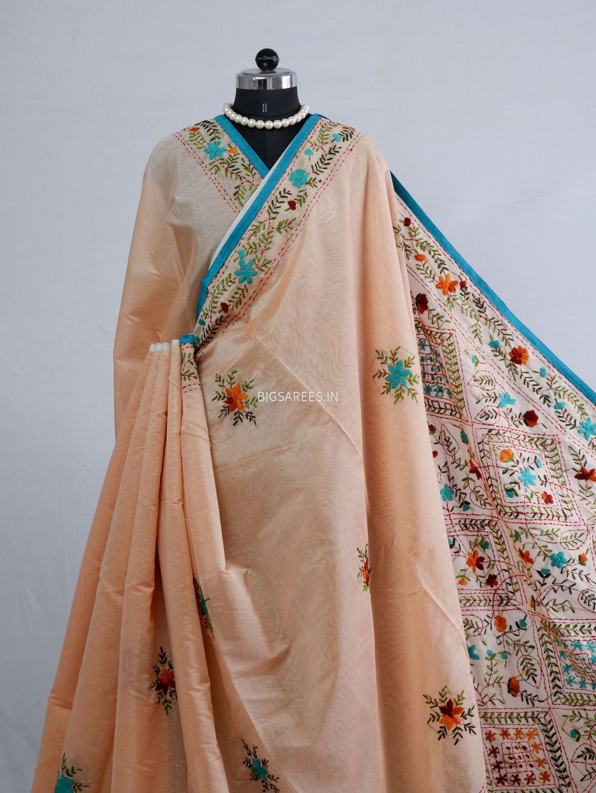Phulkari Hand-Embroidered Saree | Chanderi Silk | Pastel Pink