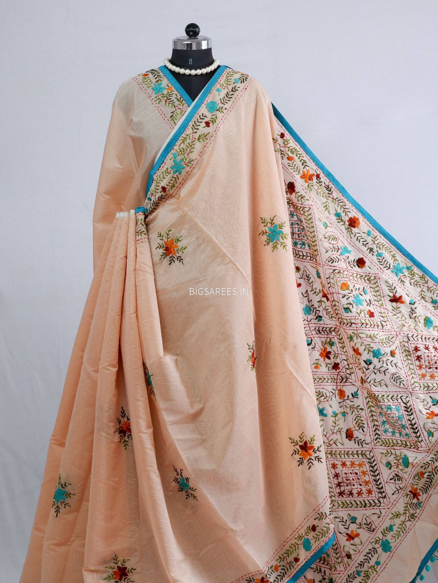 Phulkari Hand-Embroidered Saree | Chanderi Silk | Pastel Pink