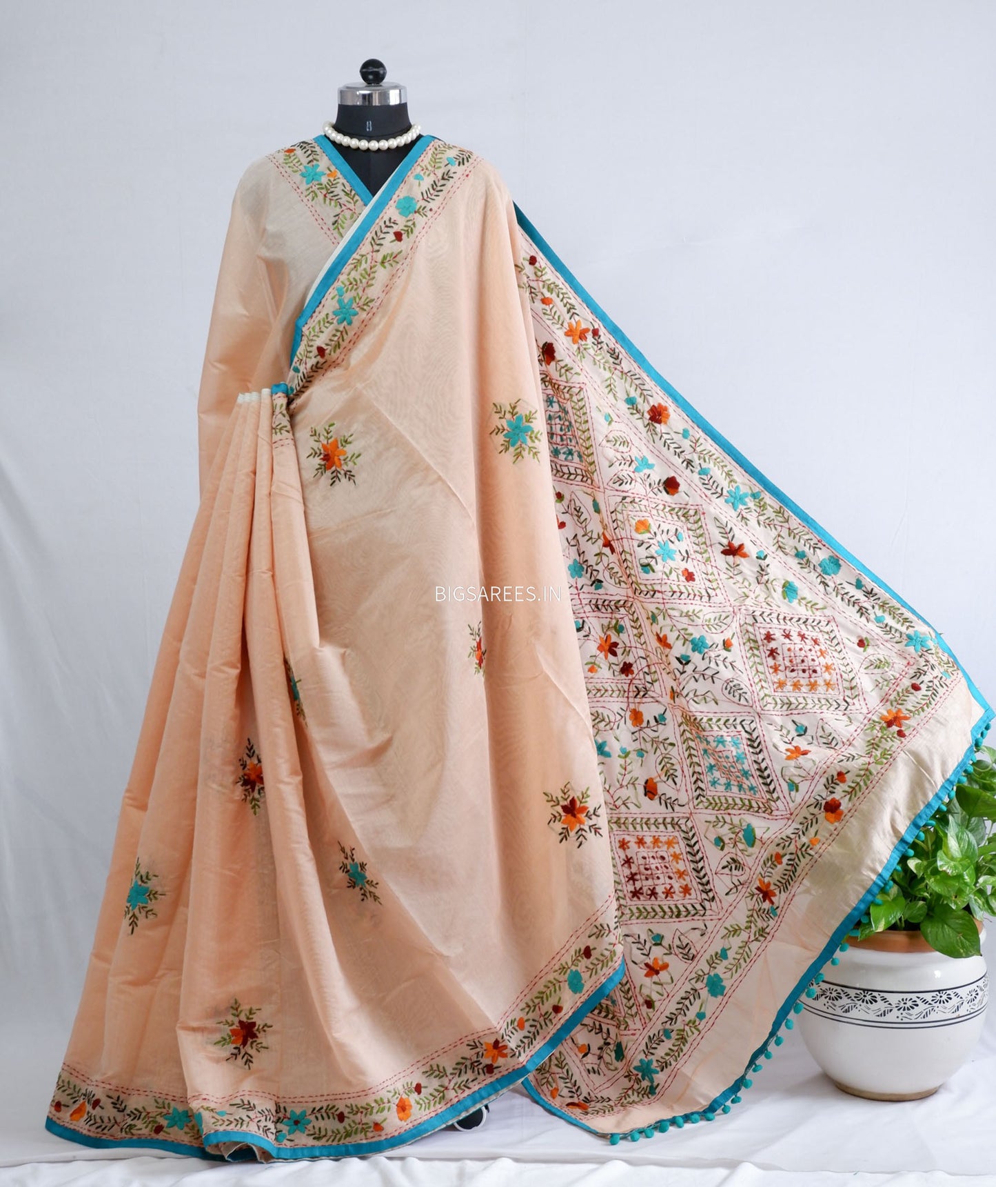 Phulkari Hand-Embroidered Saree | Chanderi Silk | Pastel Pink