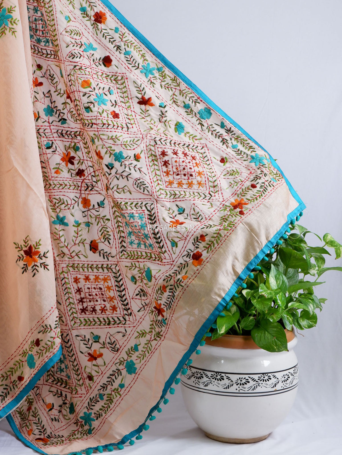 Phulkari Hand-Embroidered Saree | Chanderi Silk | Pastel Pink