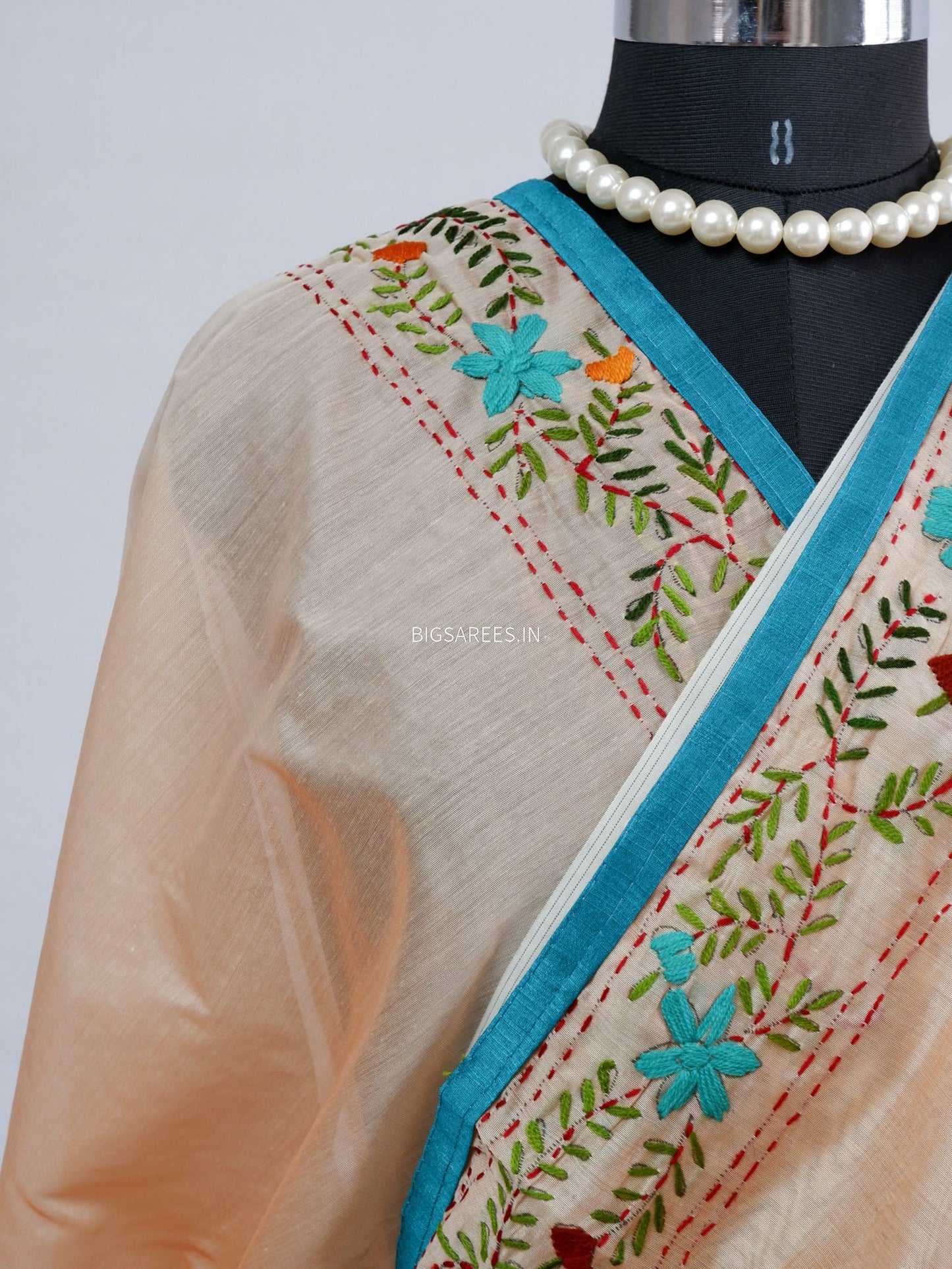 Phulkari Hand-Embroidered Saree | Chanderi Silk | Pastel Pink