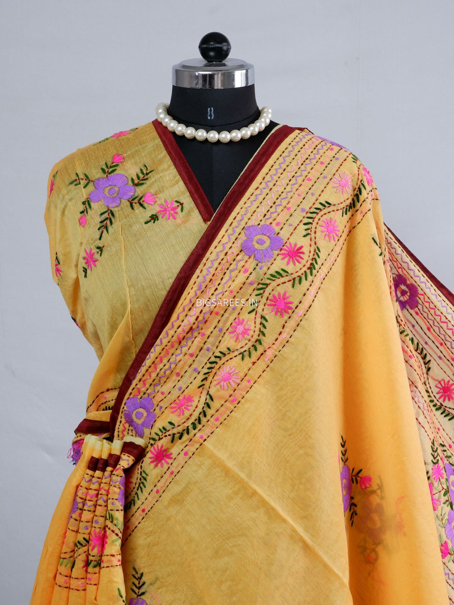 Phulkari Hand-Embroidered Saree | Chanderi Silk | Yellow