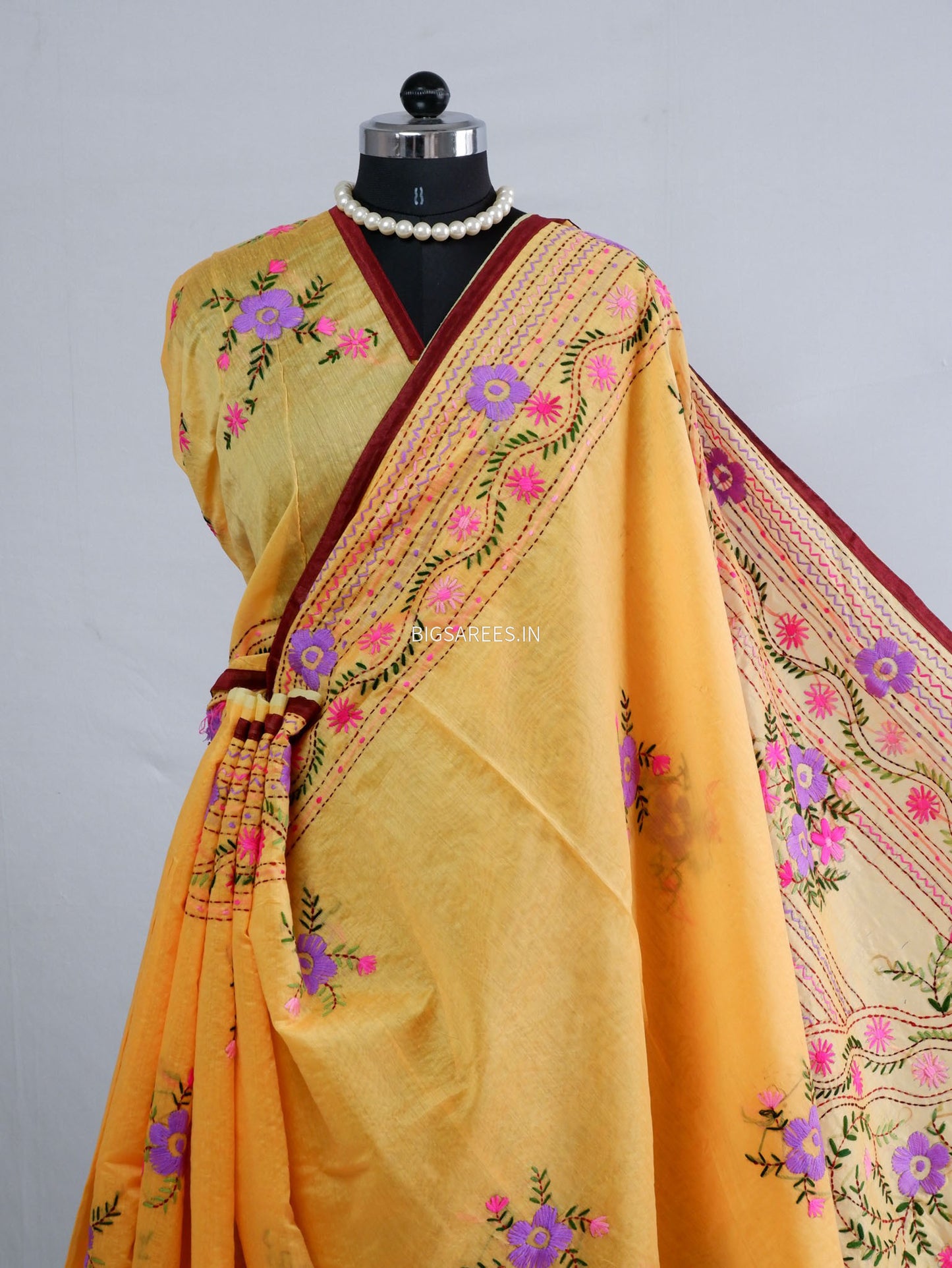 Phulkari Hand-Embroidered Saree | Chanderi Silk | Yellow