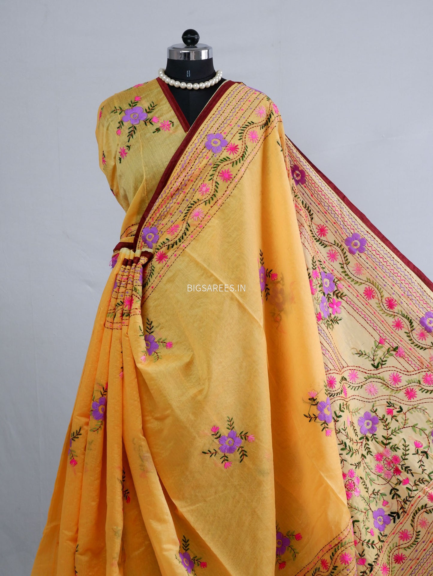 Phulkari Hand-Embroidered Saree | Chanderi Silk | Yellow