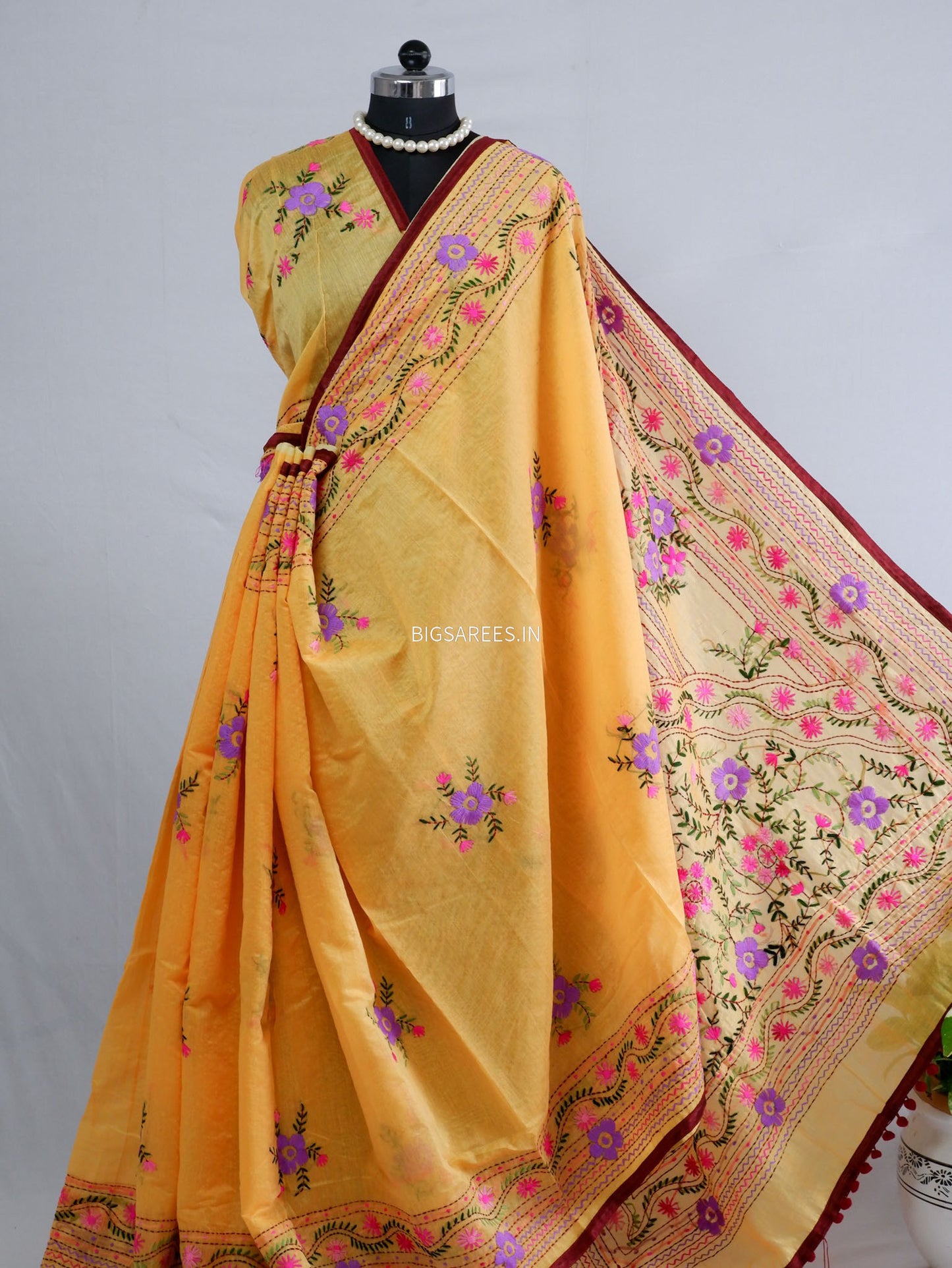 Phulkari Hand-Embroidered Saree | Chanderi Silk | Yellow