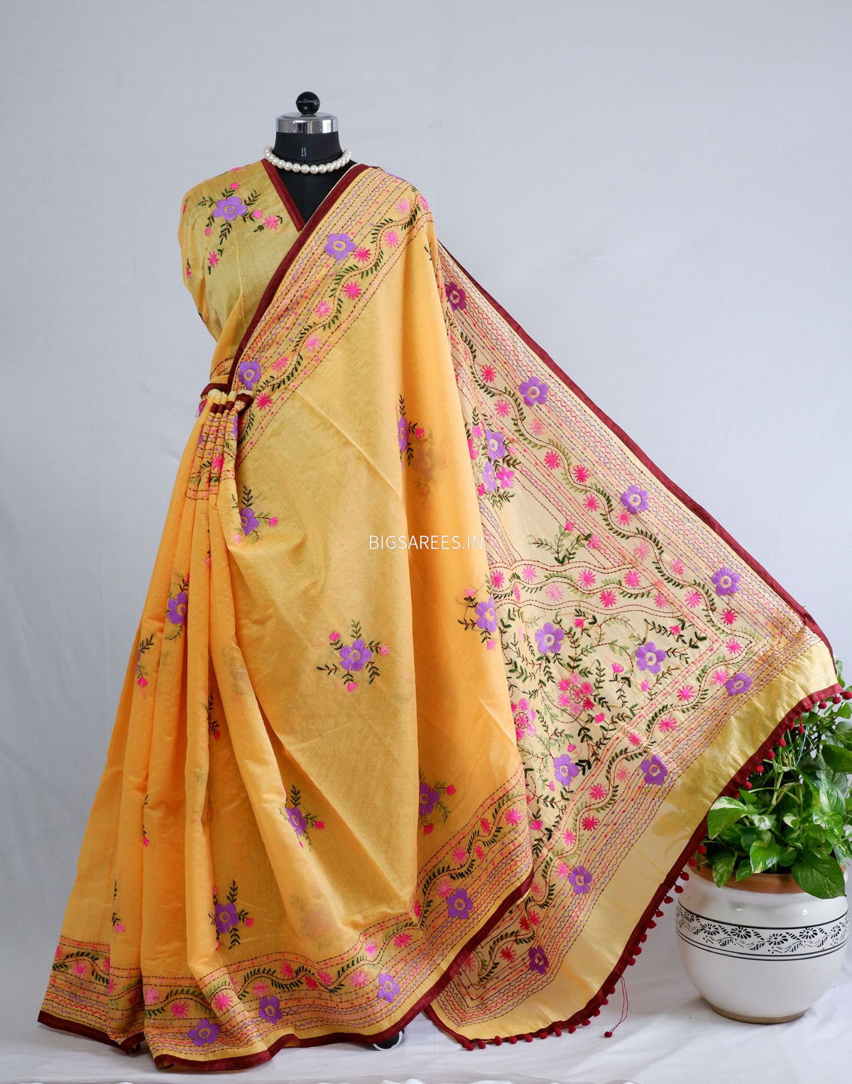 Phulkari Hand-Embroidered Saree | Chanderi Silk | Yellow