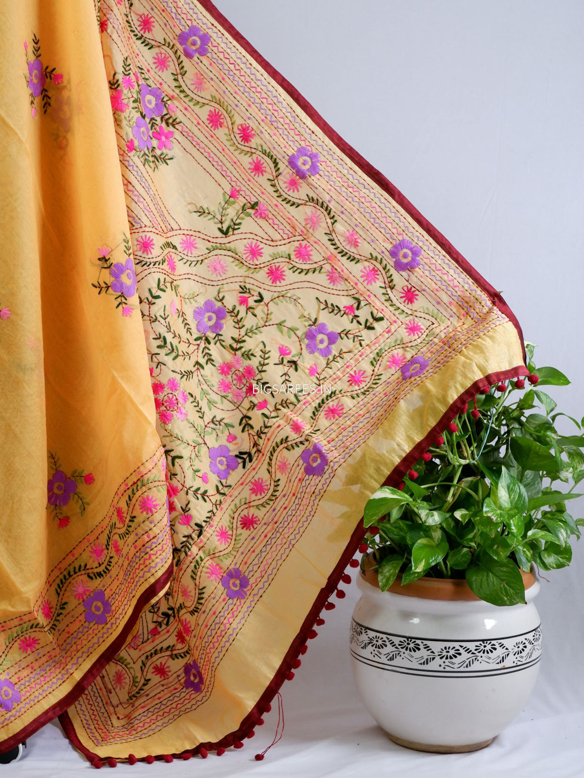 Phulkari Hand-Embroidered Saree | Chanderi Silk | Yellow