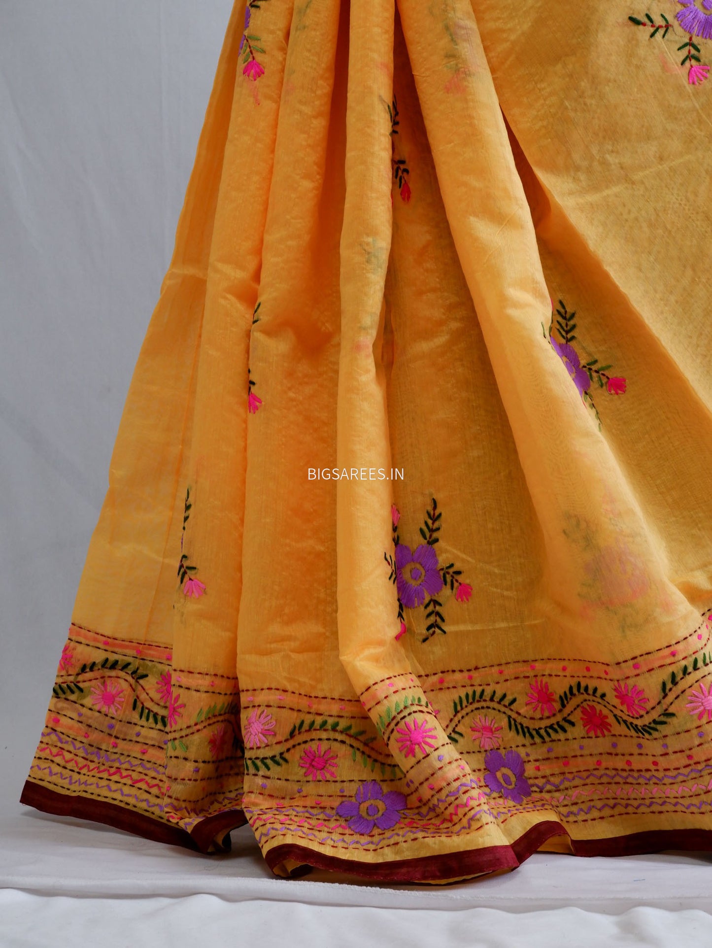 Phulkari Hand-Embroidered Saree | Chanderi Silk | Yellow