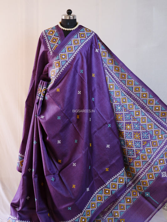 Kutchi Hand Embroidered Saree | Gachi Tassar Silk | Silk Marked | Purple