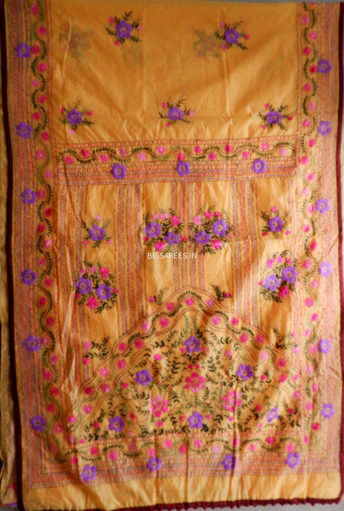 Phulkari Hand-Embroidered Saree | Chanderi Silk | Yellow